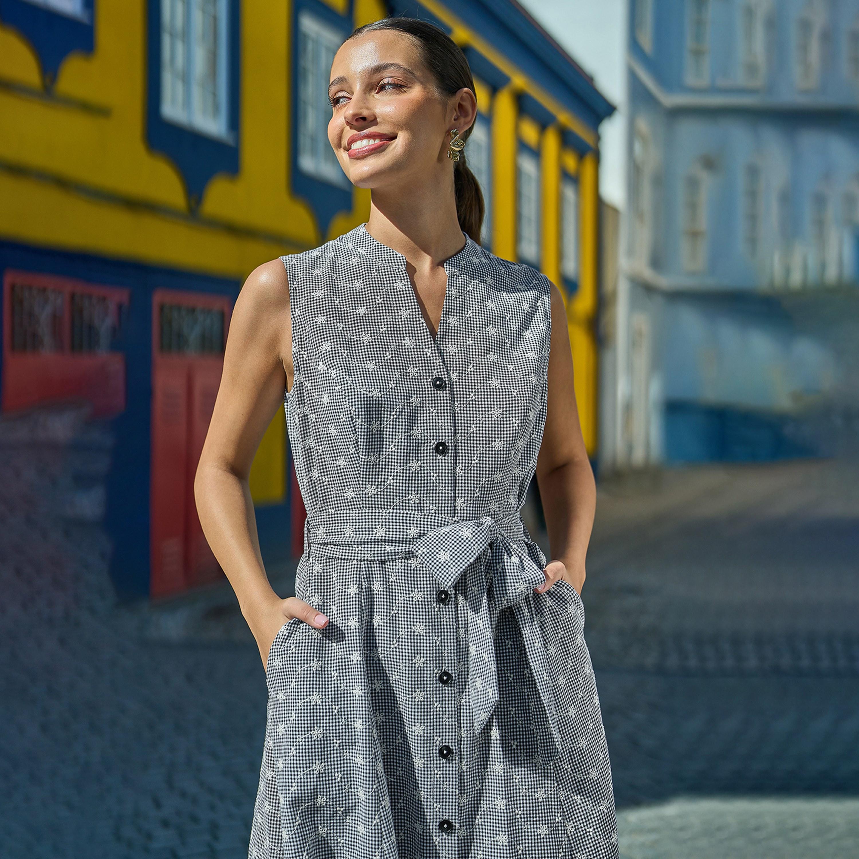 Yumi Black Checked & Floral Embroidered Cotton Mandarin Collar Belted Women's Midi Dress-women-clothing-dresses-image-2