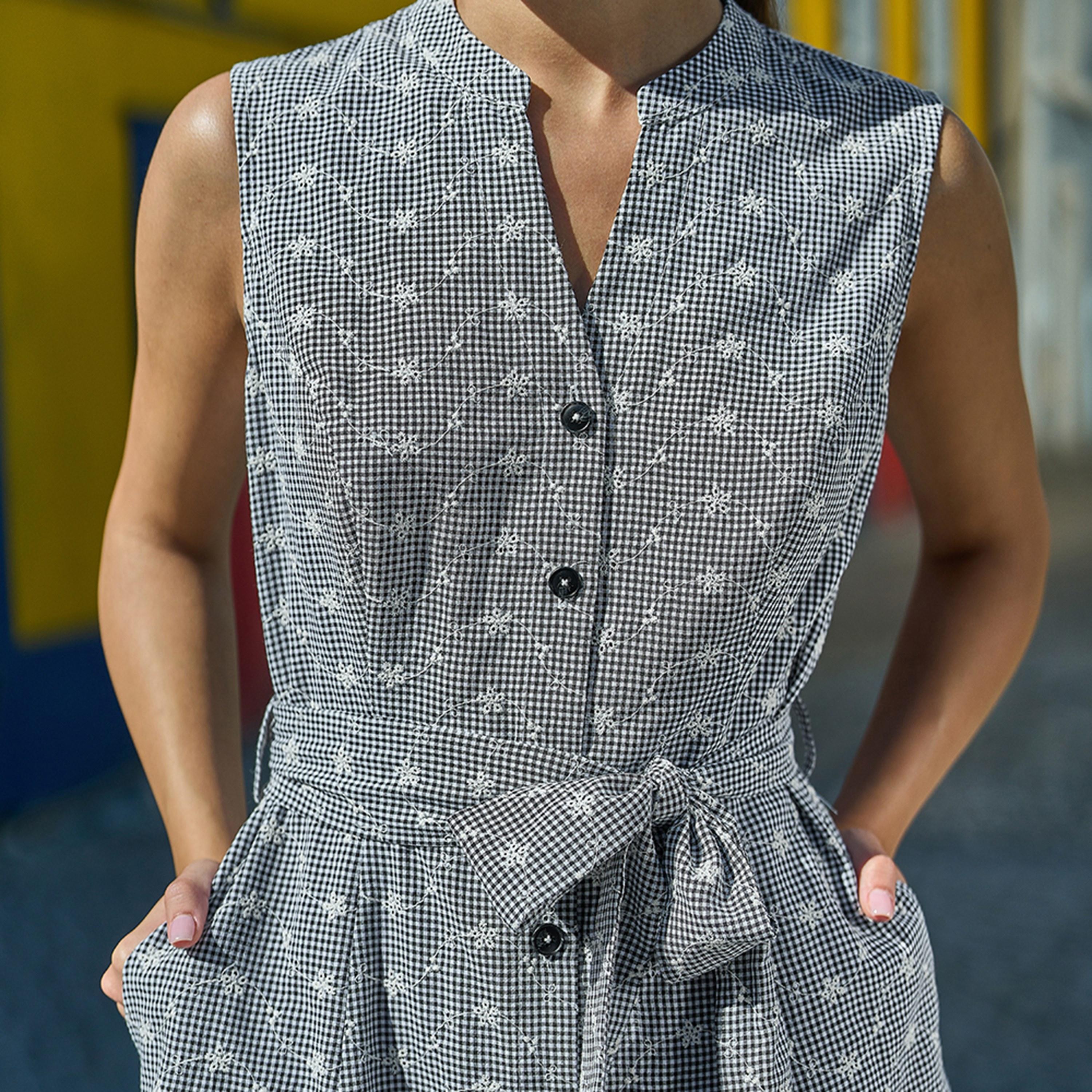 Yumi Black Checked & Floral Embroidered Cotton Mandarin Collar Belted Women's Midi Dress-women-clothing-dresses-image-4