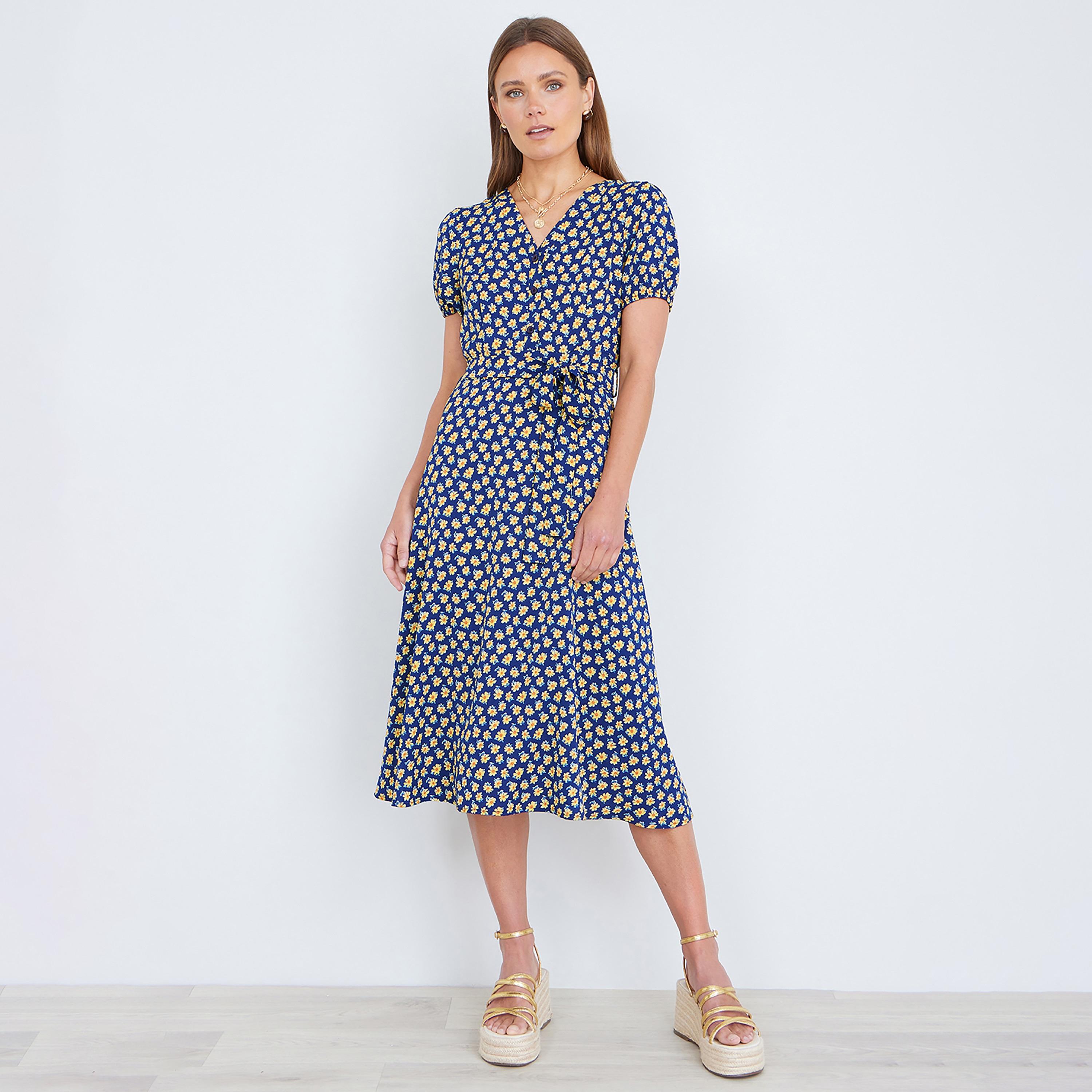 فستان ميدي نسائي بطبعة زهور صغيرة كحلية وأكمام منفوخة من يومي-women-clothing-dresses-image-1
