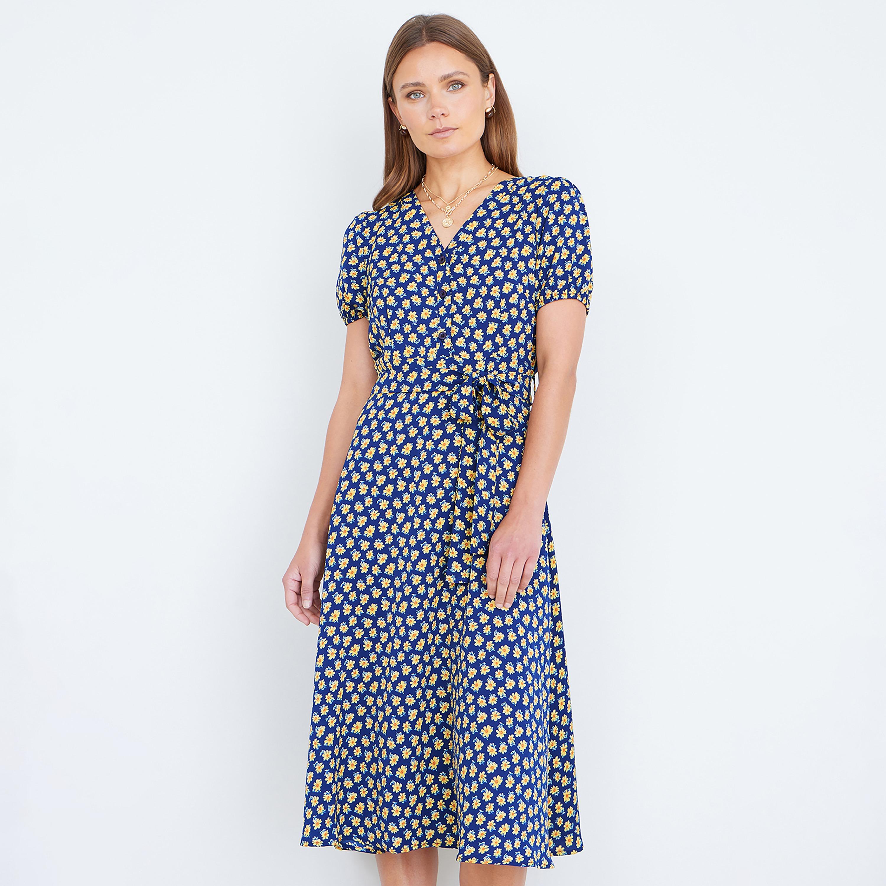 فستان ميدي نسائي بطبعة زهور صغيرة كحلية وأكمام منفوخة من يومي-women-clothing-dresses-image-2