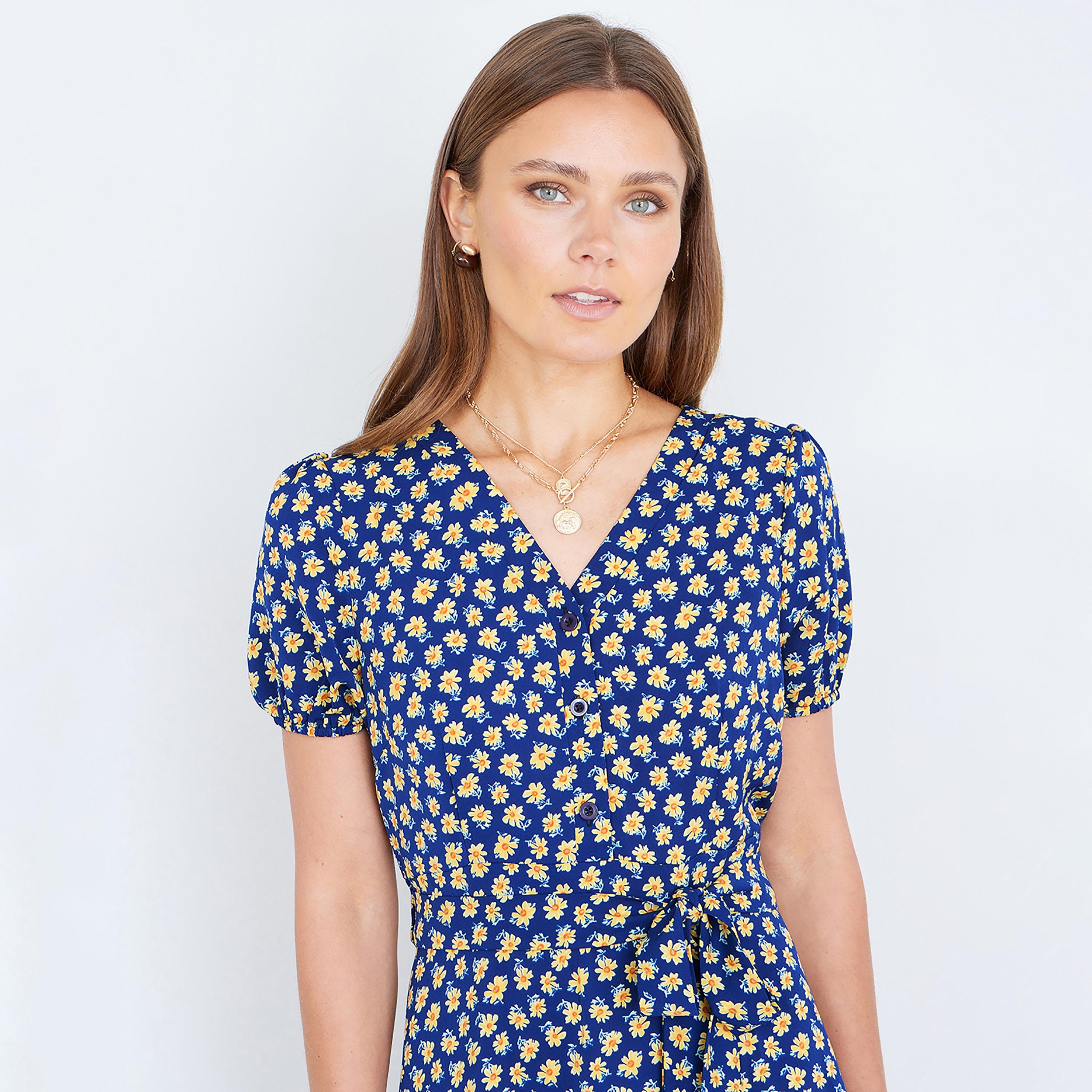 فستان ميدي نسائي بطبعة زهور صغيرة كحلية وأكمام منفوخة من يومي-women-clothing-dresses-image-3