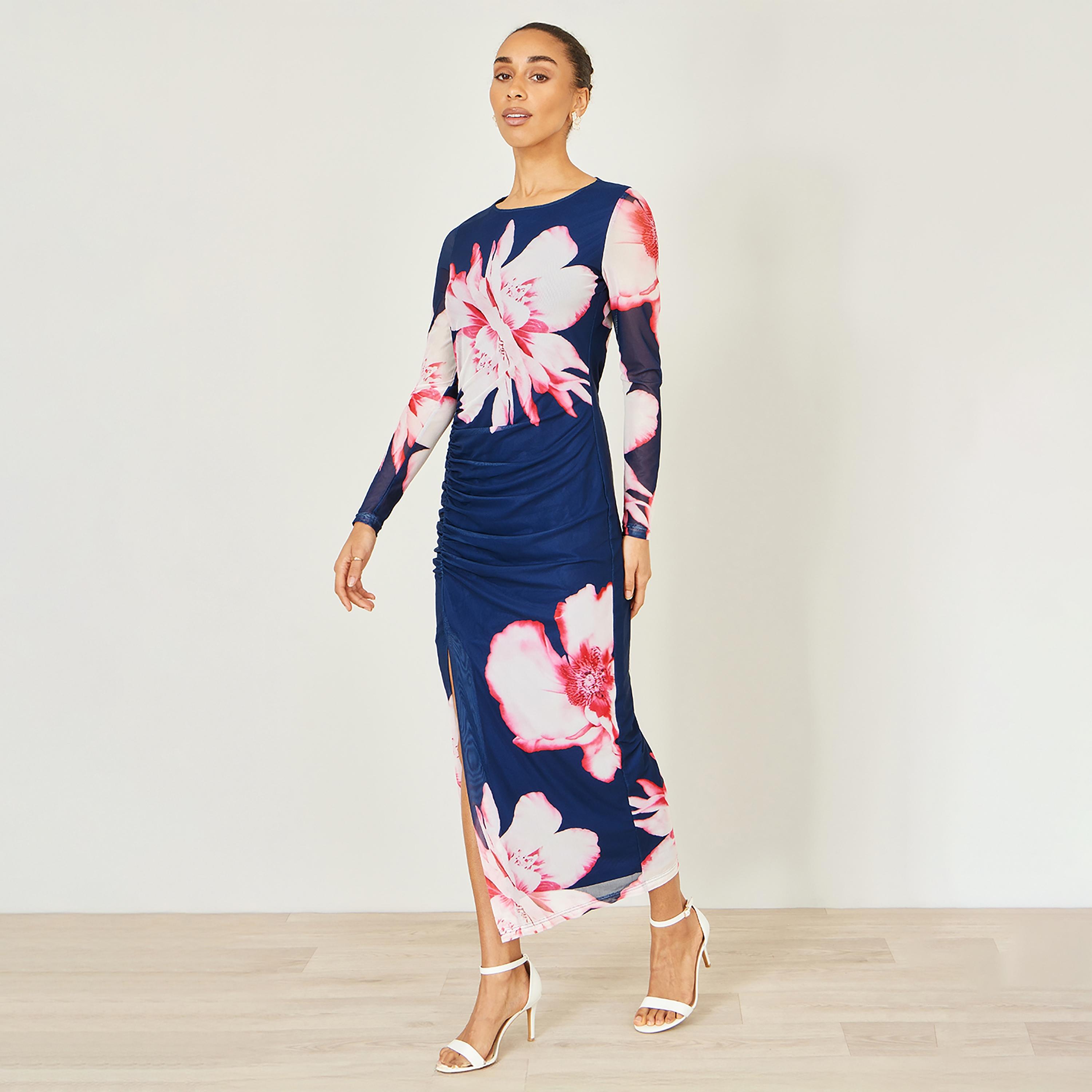 Yumi Navy Floral Print Mesh Bodycon Women's Midi Dress-women-clothing-dresses-image-1