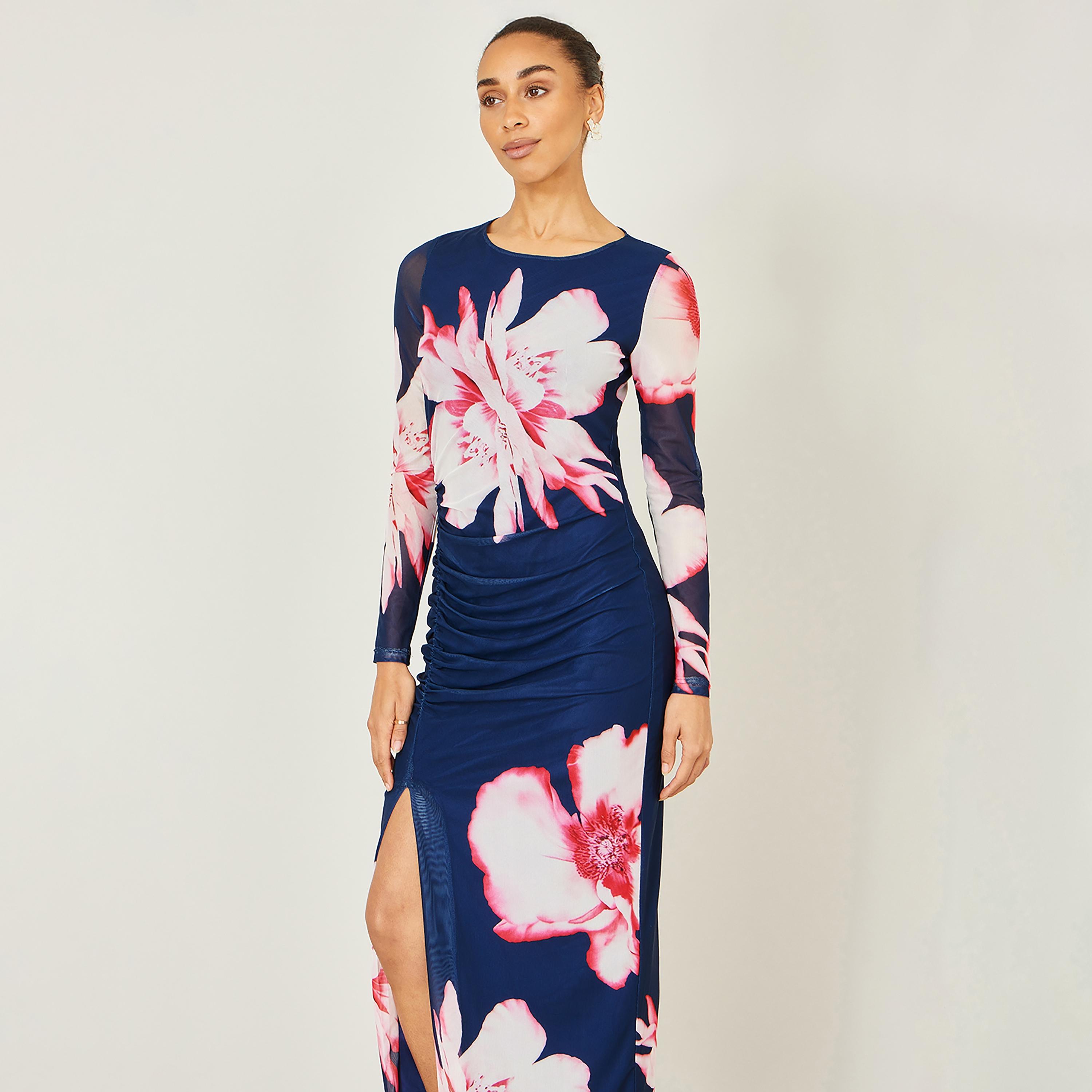 Yumi Navy Floral Print Mesh Bodycon Women's Midi Dress-women-clothing-dresses-image-2