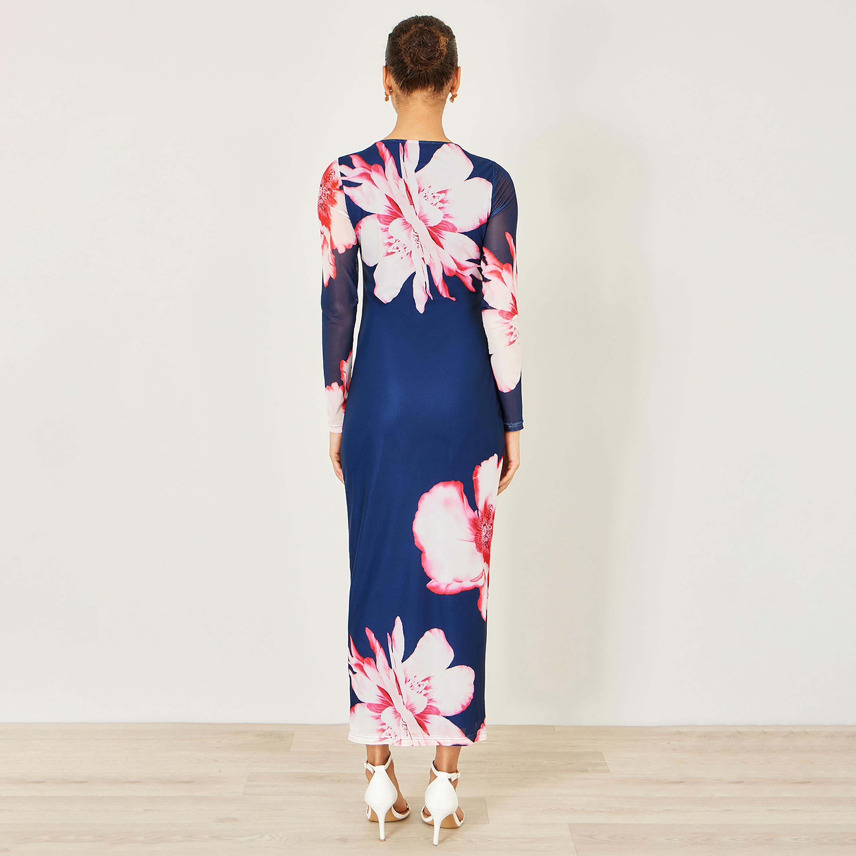 Yumi Navy Floral Print Mesh Bodycon Women's Midi Dress-women-clothing-dresses-image-3