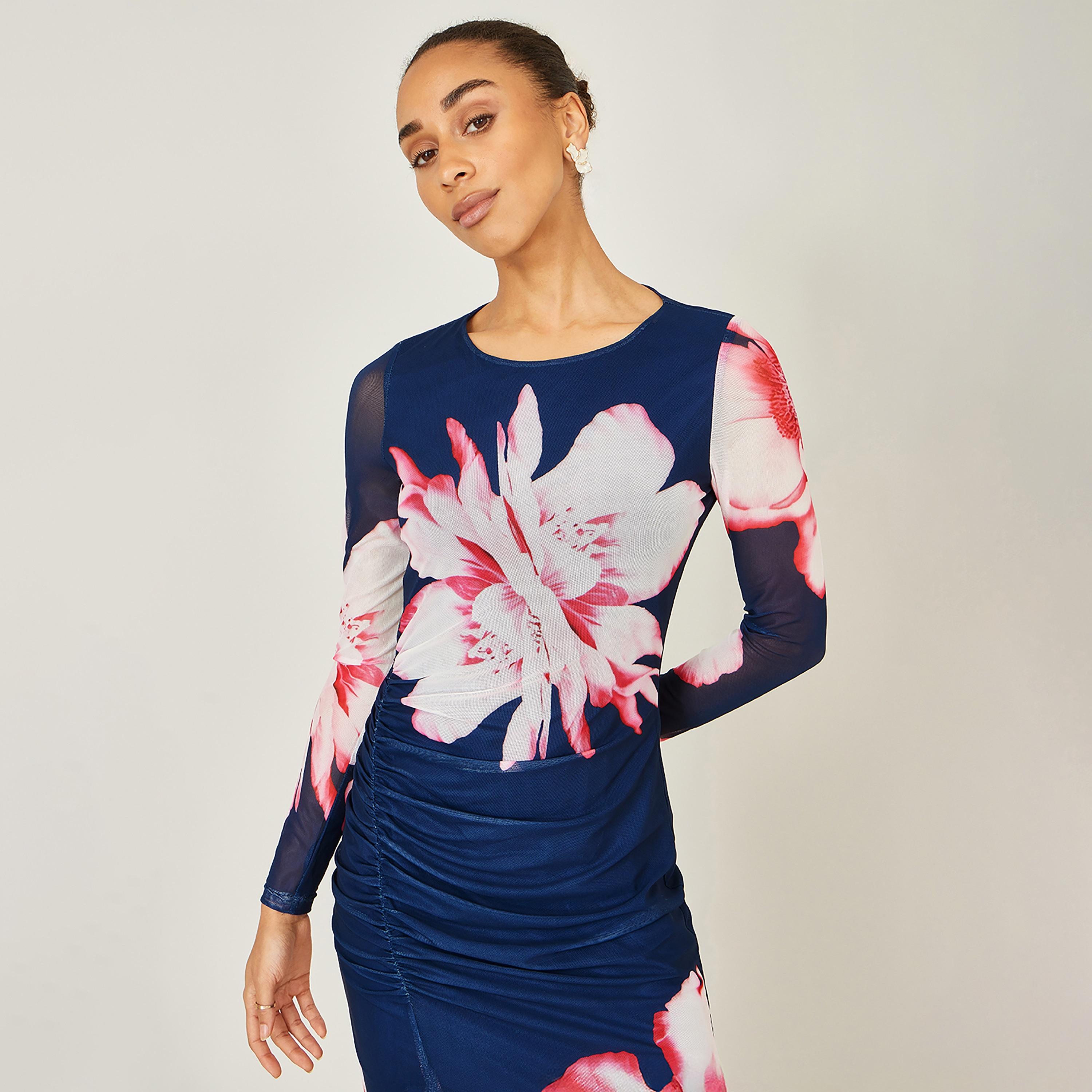 Yumi Navy Floral Print Mesh Bodycon Women's Midi Dress-women-clothing-dresses-image-4