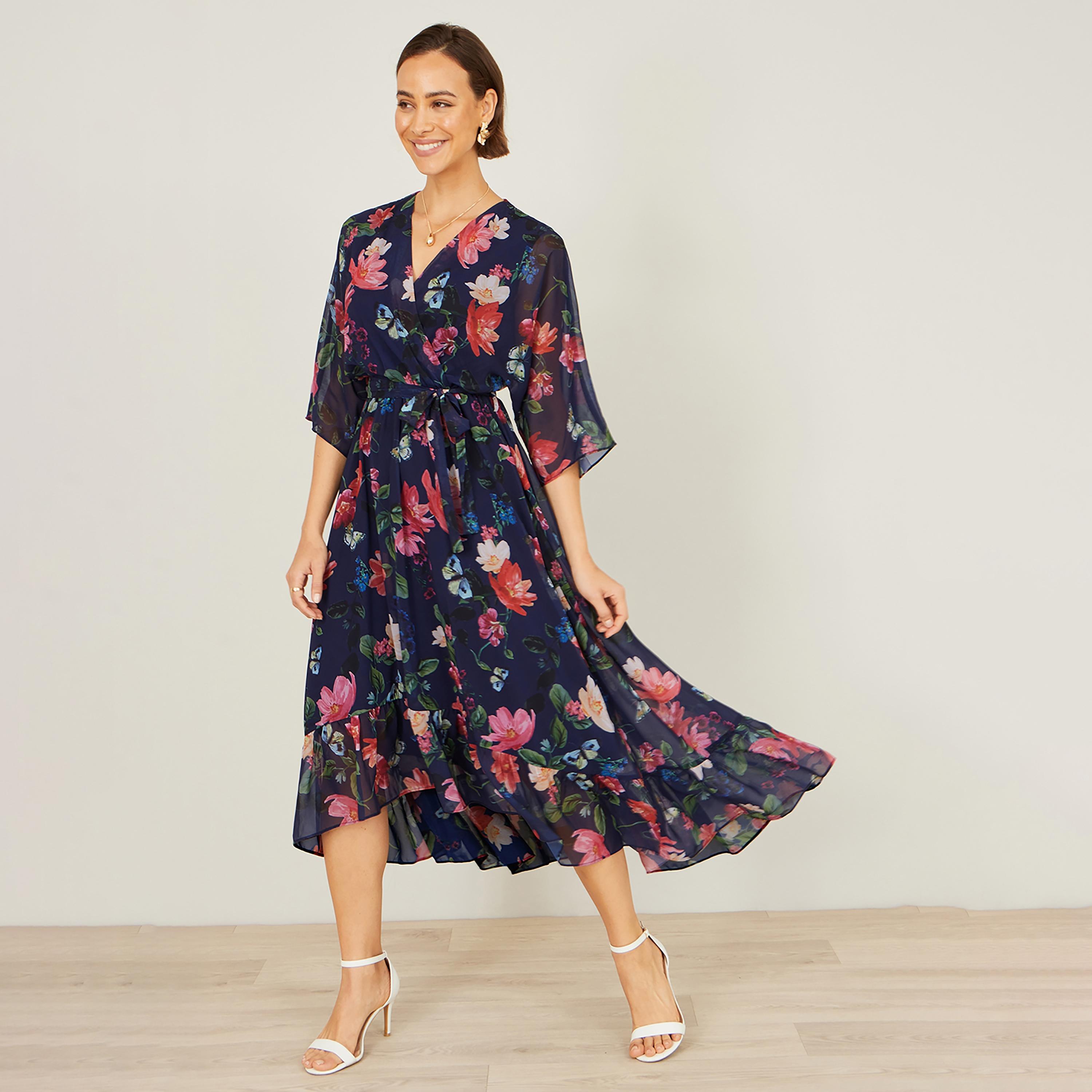 Yumi Floral Print Surplice Neck Wrap Women's Midi Dress-women-clothing-dresses-image-1