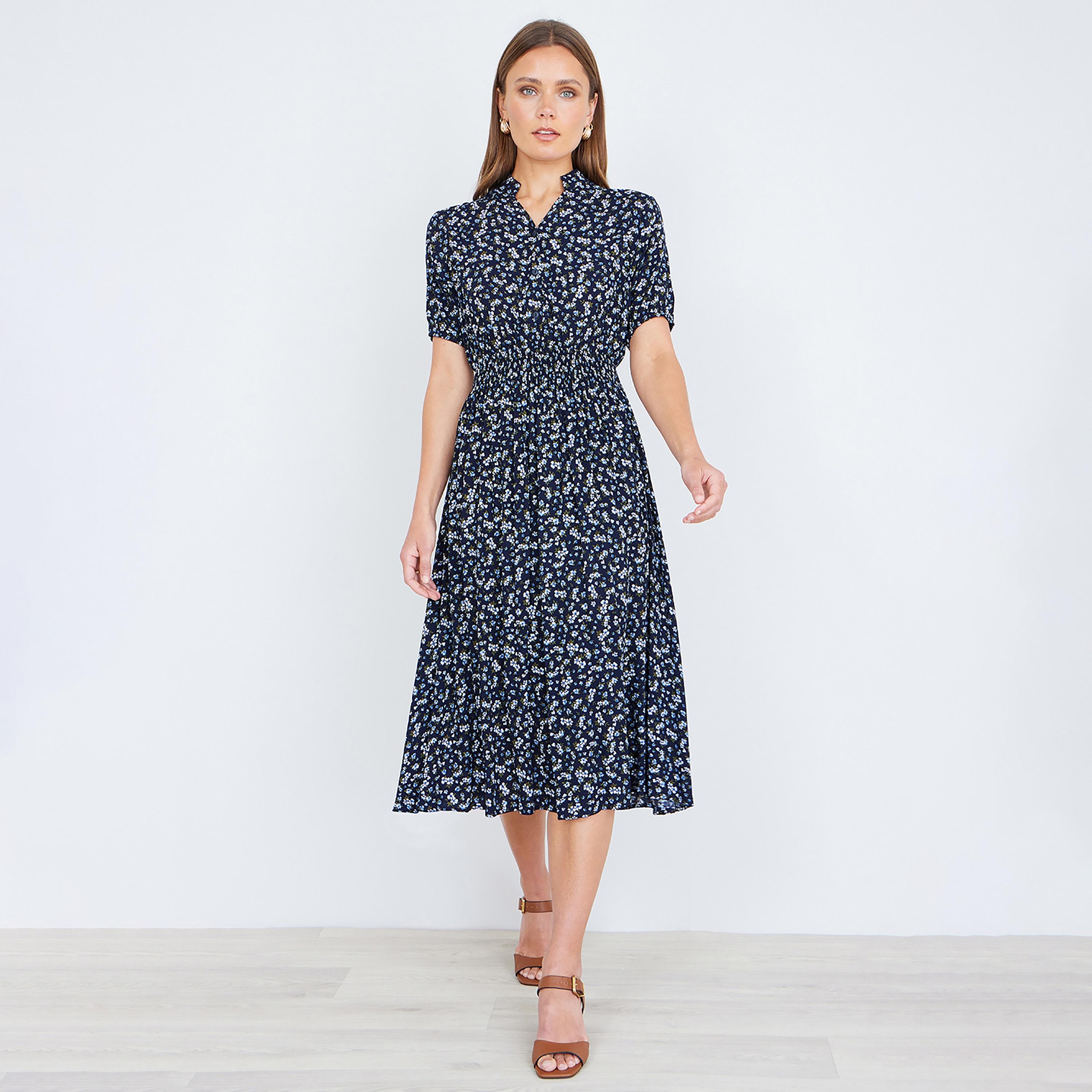 Yumi Navy Ditsy Floral Mandarin Collar Puff Sleeves Fit & Flared Women's Midi Dress-women-clothing-dresses-image-1