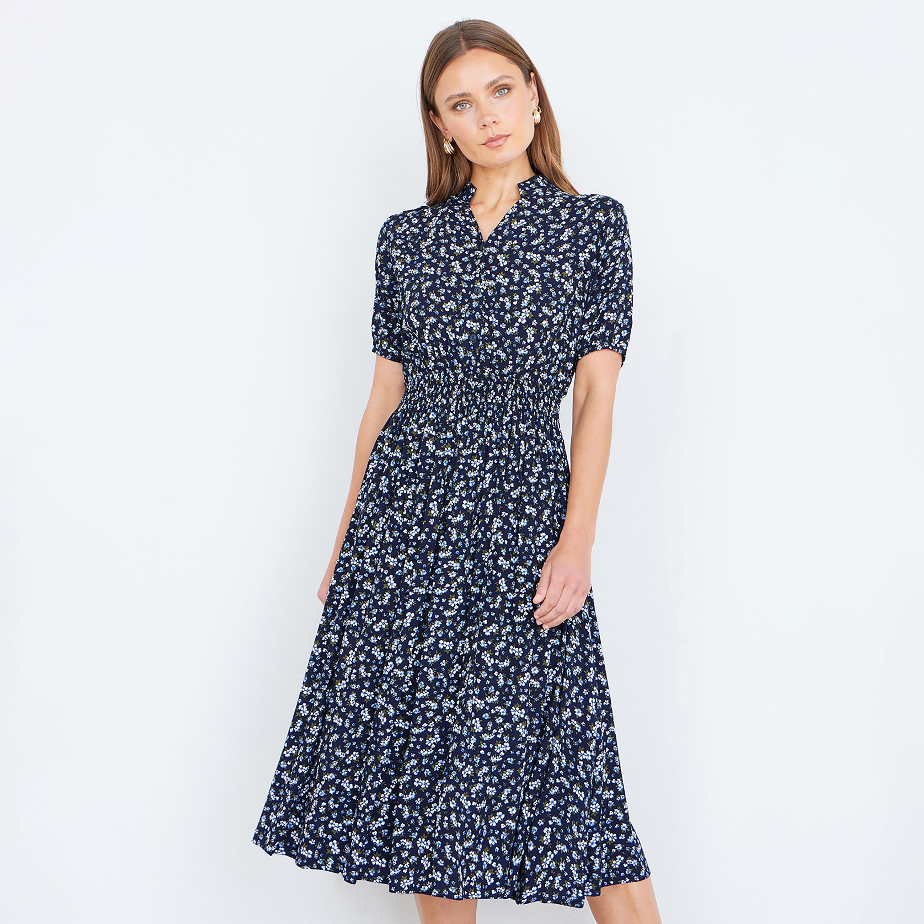 Yumi Navy Ditsy Floral Mandarin Collar Puff Sleeves Fit & Flared Women's Midi Dress-women-clothing-dresses-image-2