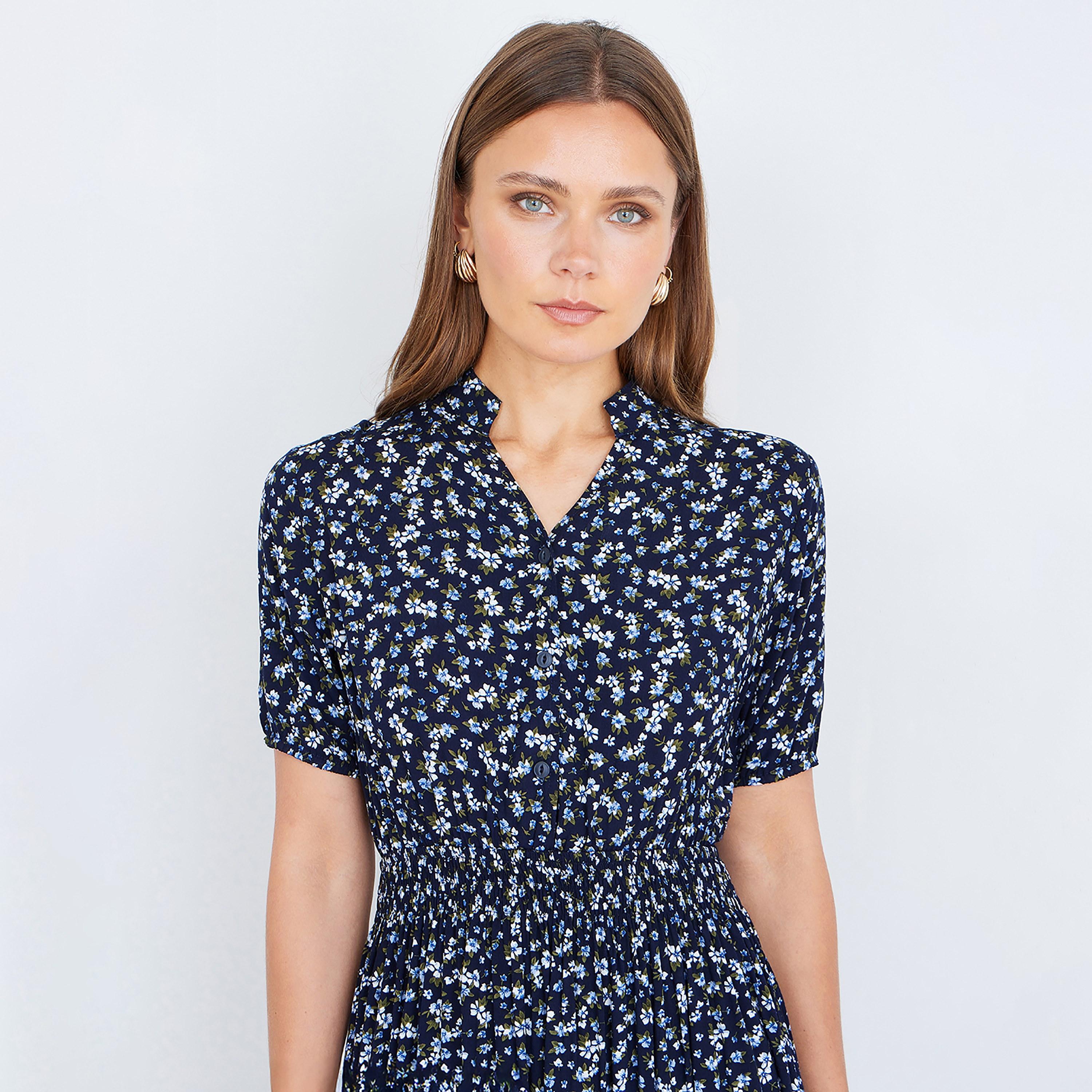 Yumi Navy Ditsy Floral Mandarin Collar Puff Sleeves Fit & Flared Women's Midi Dress-women-clothing-dresses-image-3