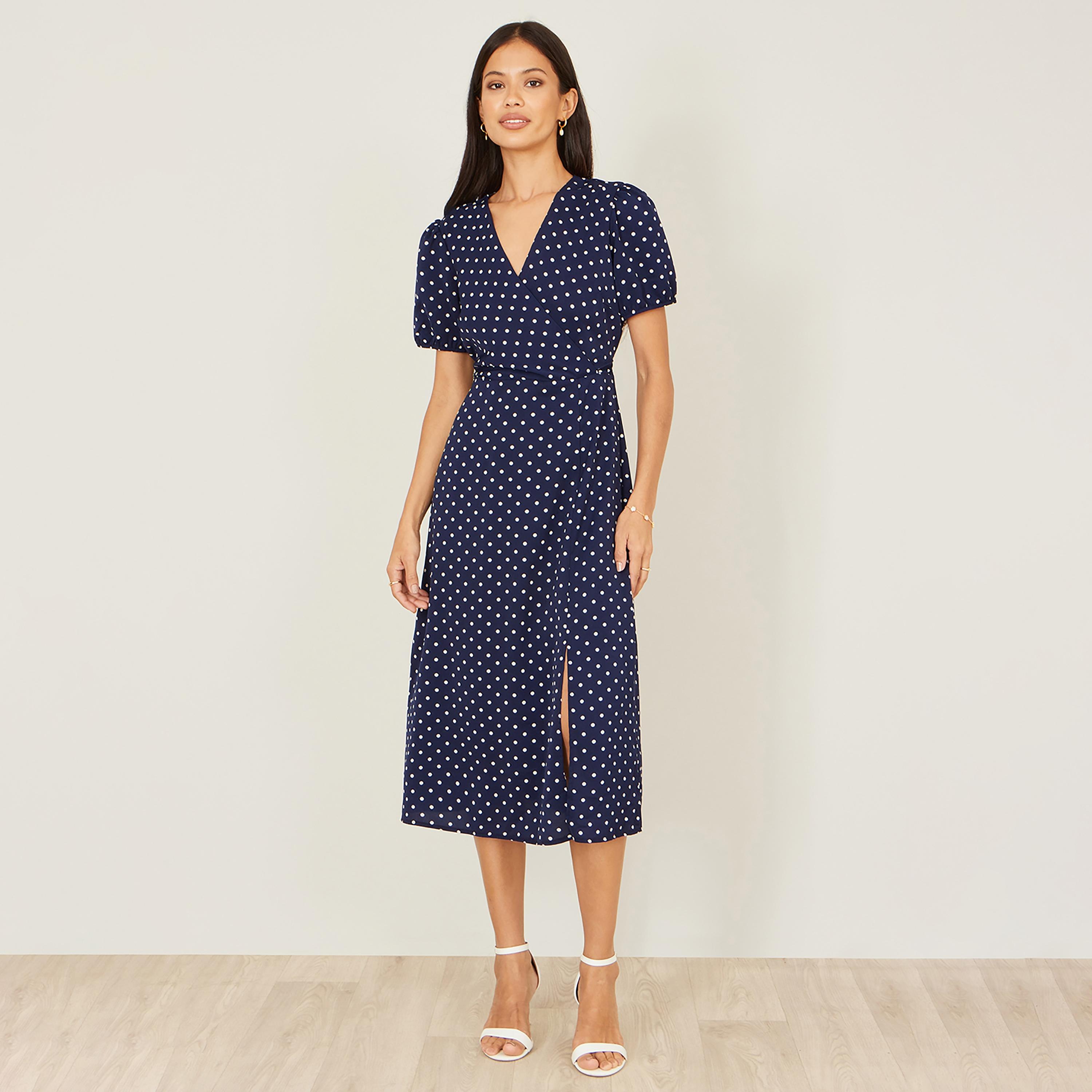 Yumi Navy Polka Dot Surplice Neck Puff Sleeves Wrap Women's Midi Dress-women-clothing-dresses-image-1