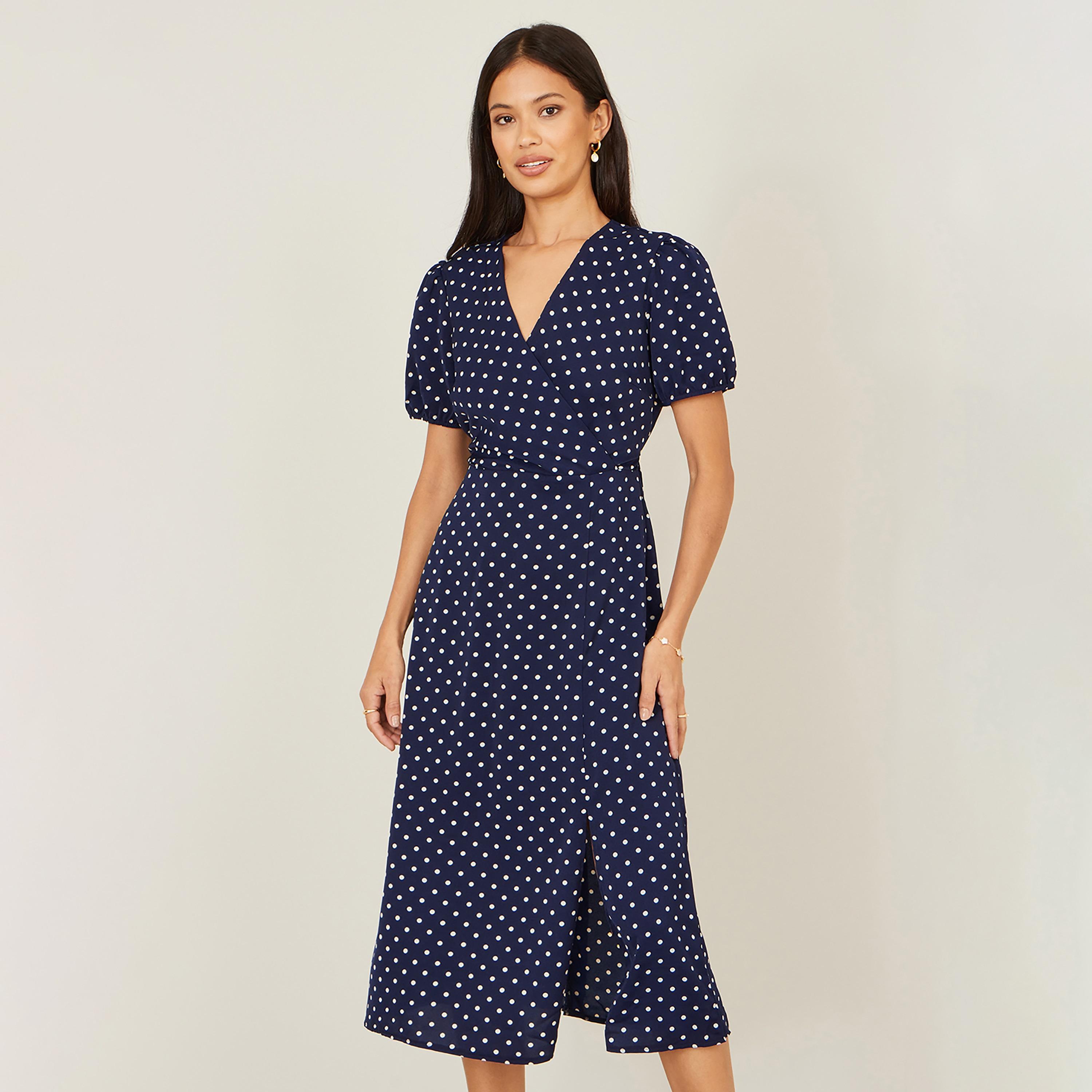 Yumi Navy Polka Dot Surplice Neck Puff Sleeves Wrap Women's Midi Dress-women-clothing-dresses-image-2