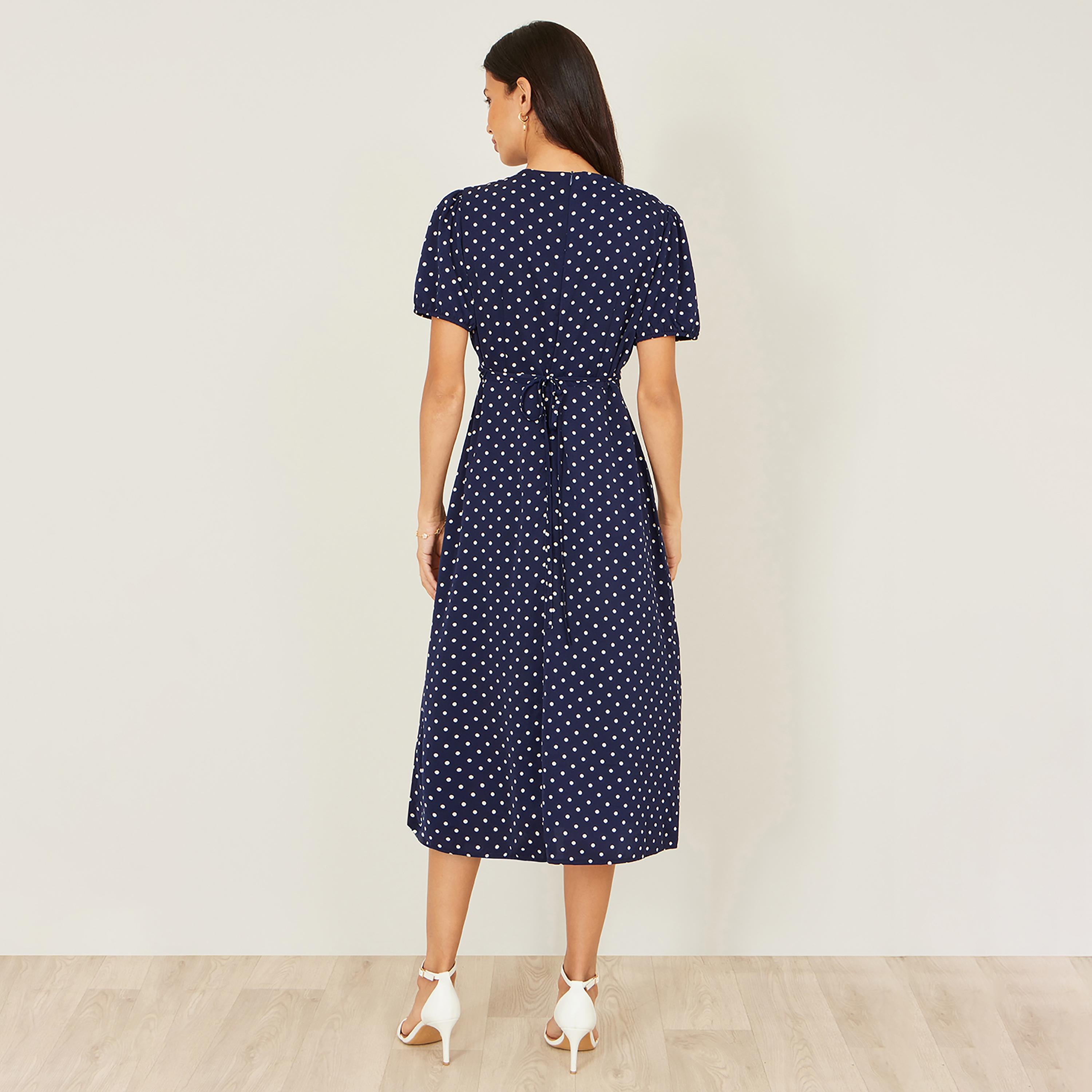 Yumi Navy Polka Dot Surplice Neck Puff Sleeves Wrap Women's Midi Dress-women-clothing-dresses-image-3
