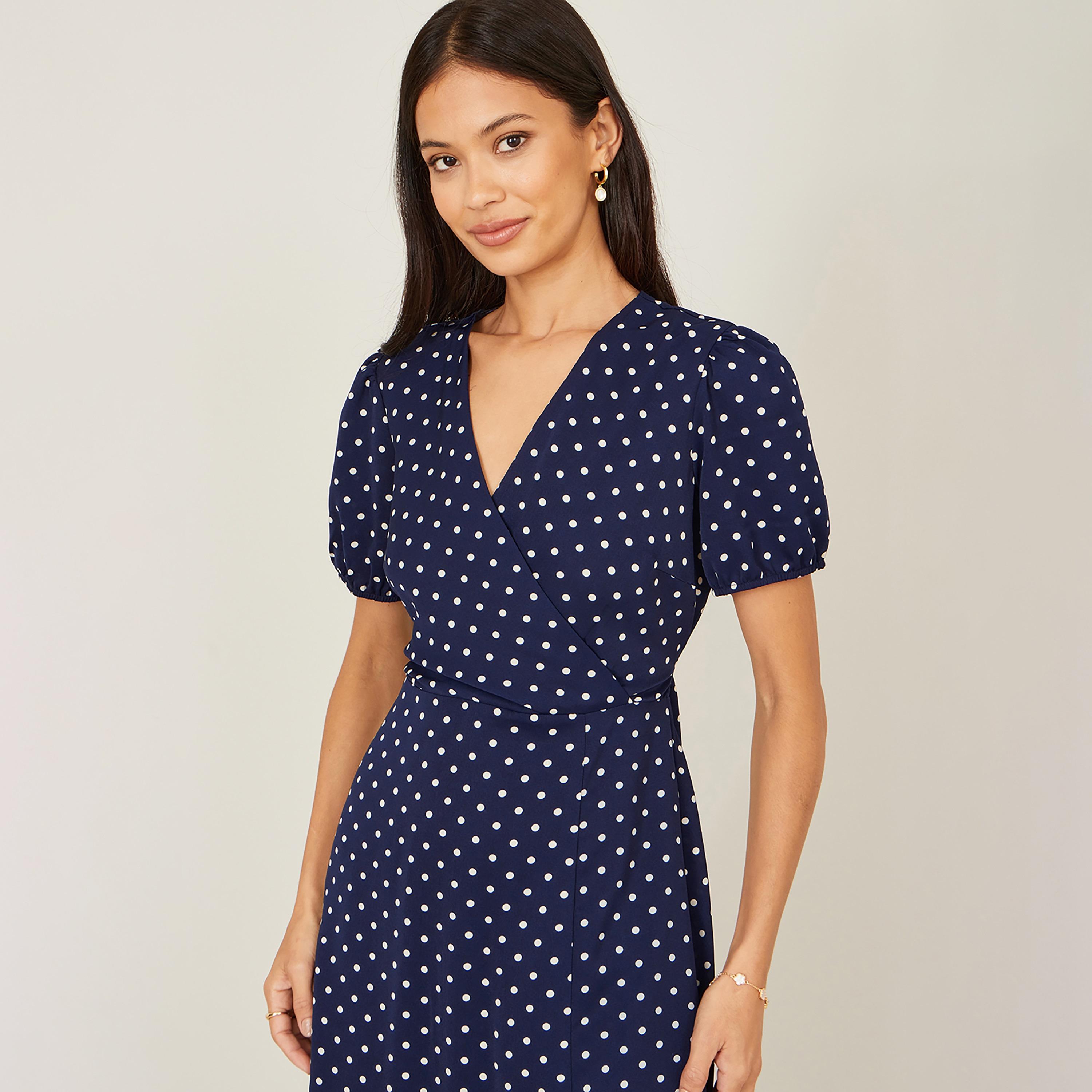 Yumi Navy Polka Dot Surplice Neck Puff Sleeves Wrap Women's Midi Dress-women-clothing-dresses-image-4