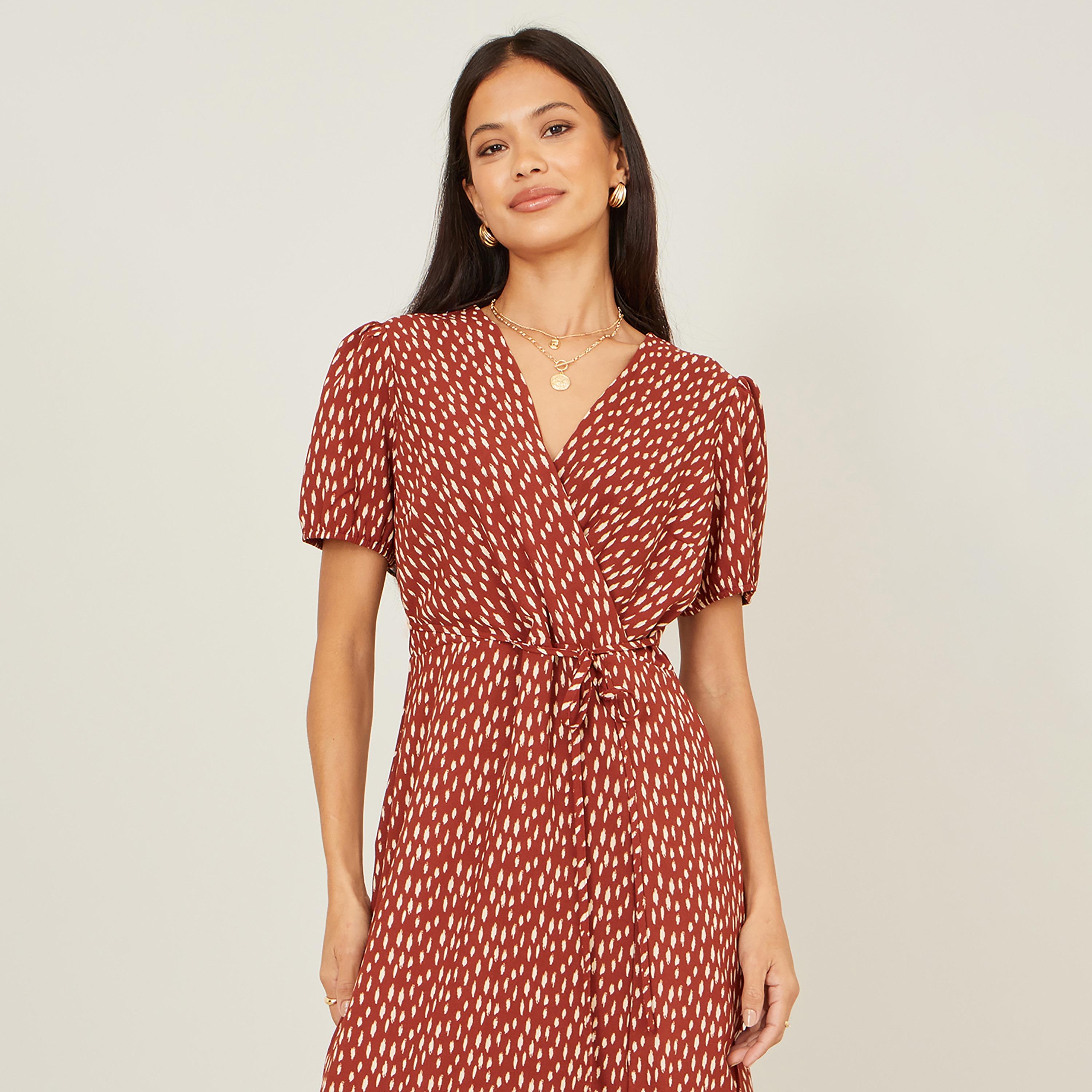 Yumi Brown Printed Surplice Neck Wrap Women's Midi Dress-women-clothing-dresses-image-4