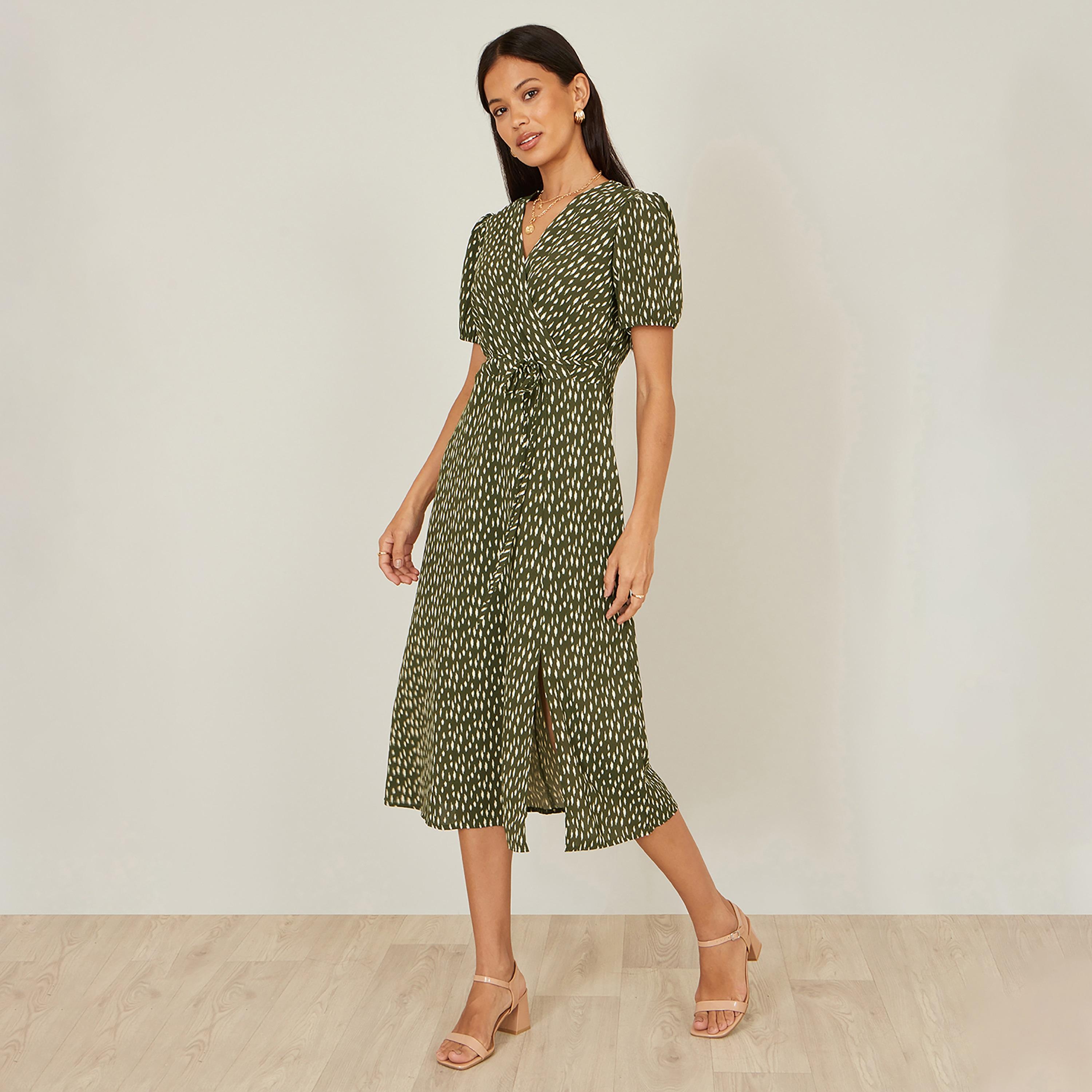 Yumi Green Abstract Print Surplice Neck Puff Sleeves Wrap Women's Midi Dress-women-clothing-dresses-image-1