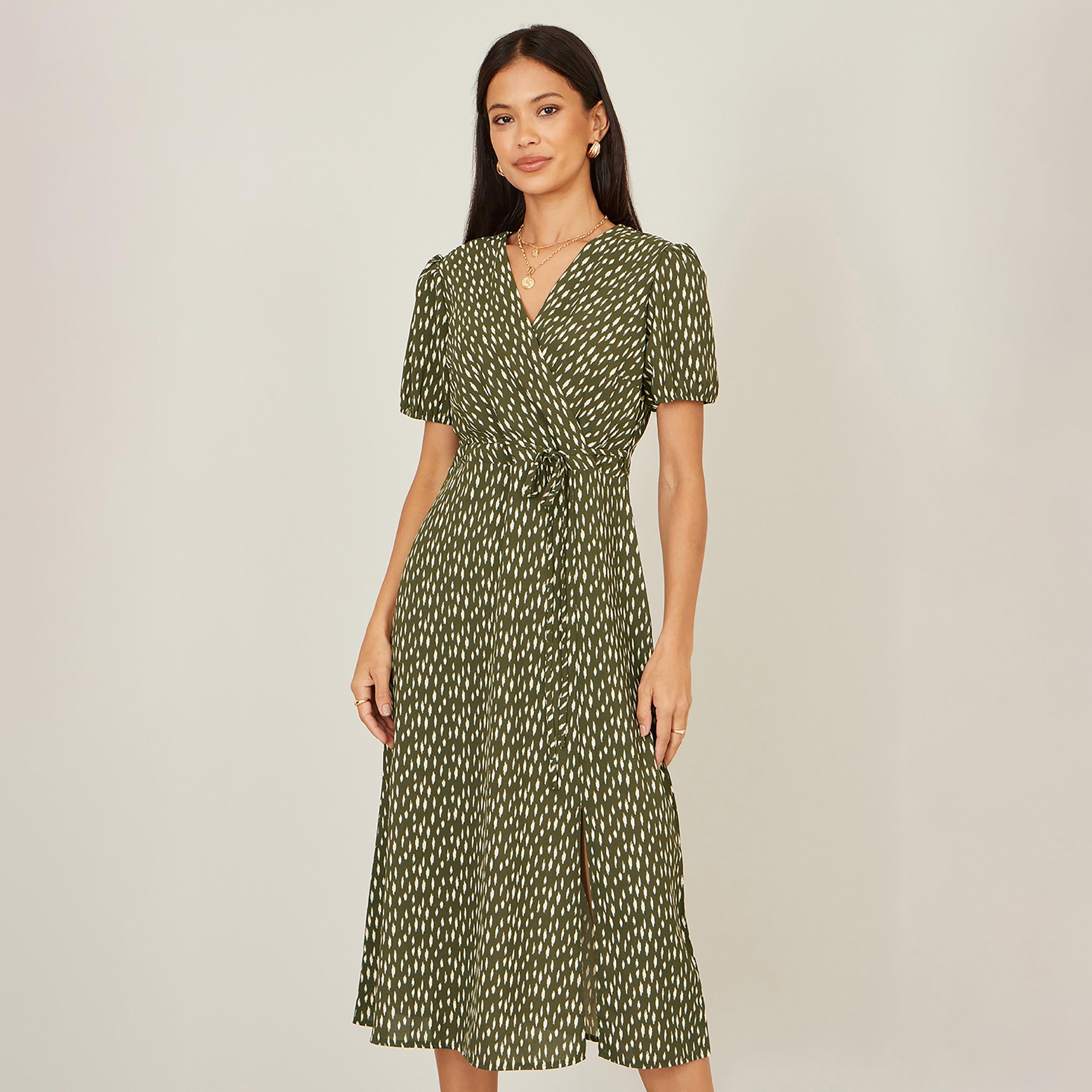 Yumi Green Abstract Print Surplice Neck Puff Sleeves Wrap Women's Midi Dress-women-clothing-dresses-image-2