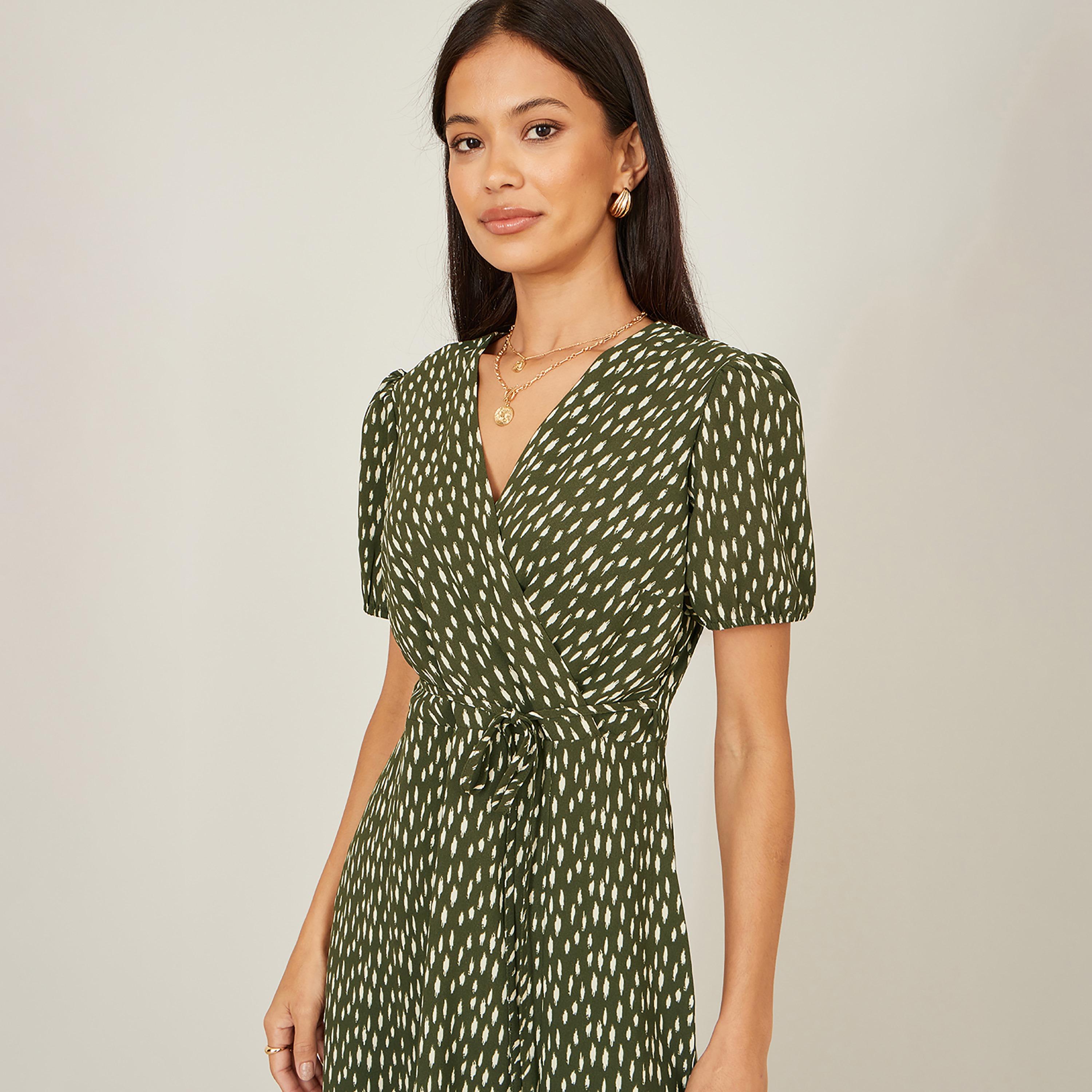 Yumi Green Abstract Print Surplice Neck Puff Sleeves Wrap Women's Midi Dress-women-clothing-dresses-image-3