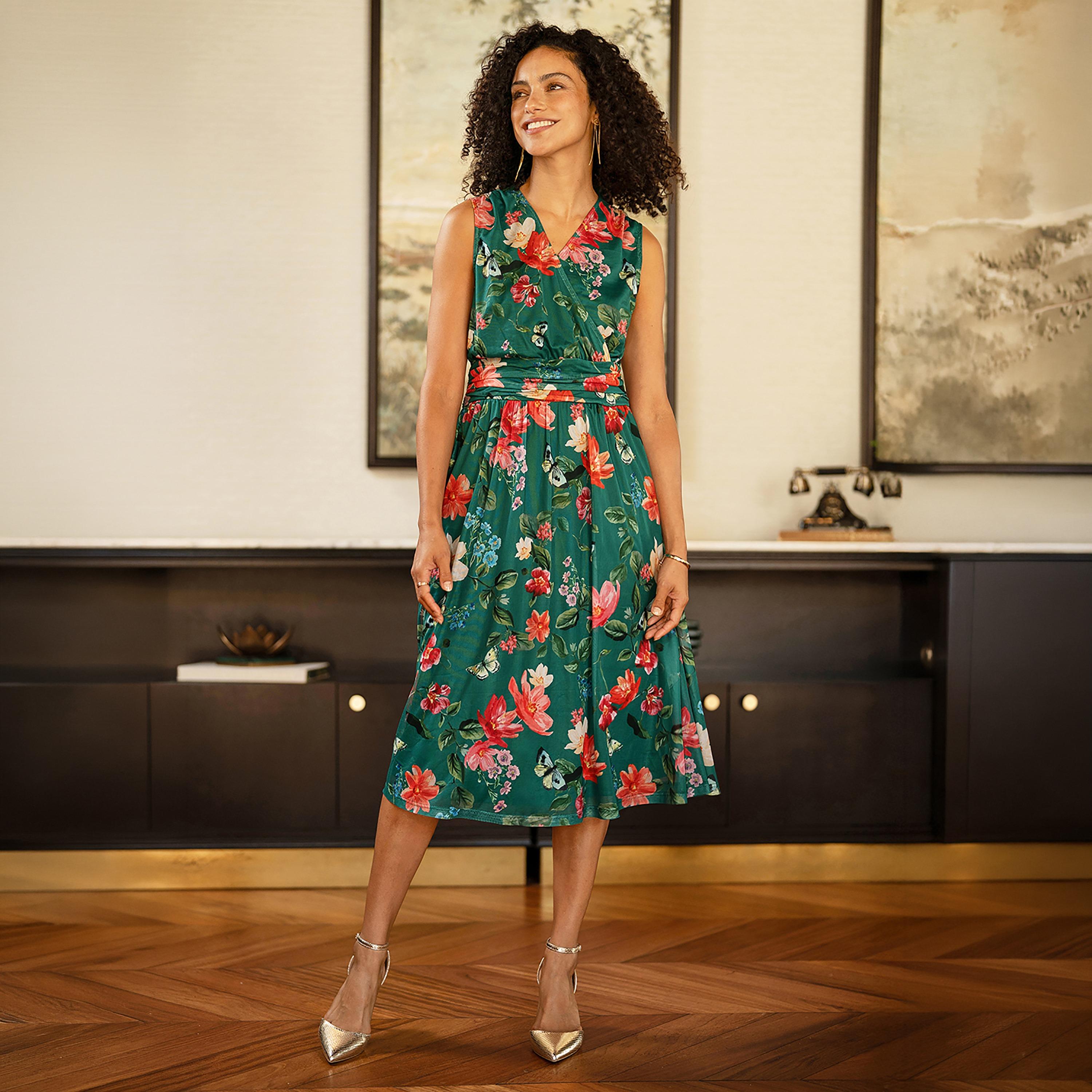 Yumi Green Floral Print Surplice Neck Wrap Women's Midi Dress-women-clothing-dresses-image-1