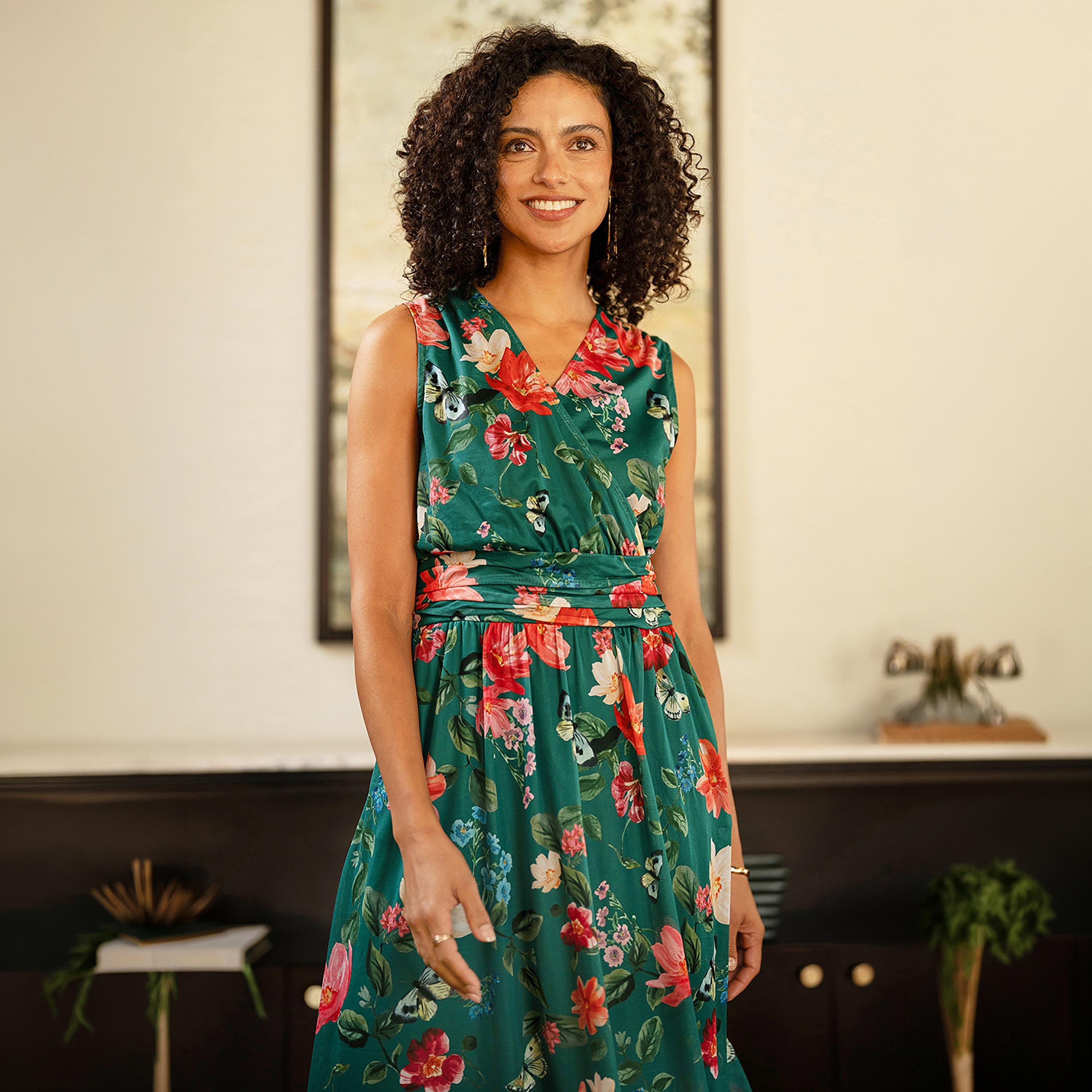 Yumi Green Floral Print Surplice Neck Wrap Women's Midi Dress-women-clothing-dresses-image-2