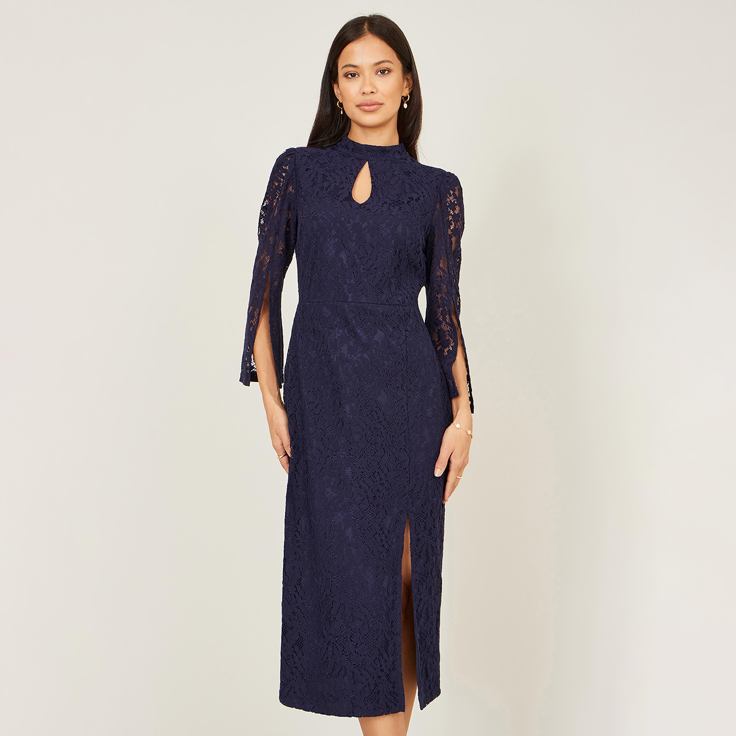 Yumi Navy Floral Lace Mock Neck Cape sleeves Sheath Evening Women's Midi Dress-women-clothing-dresses-image-2