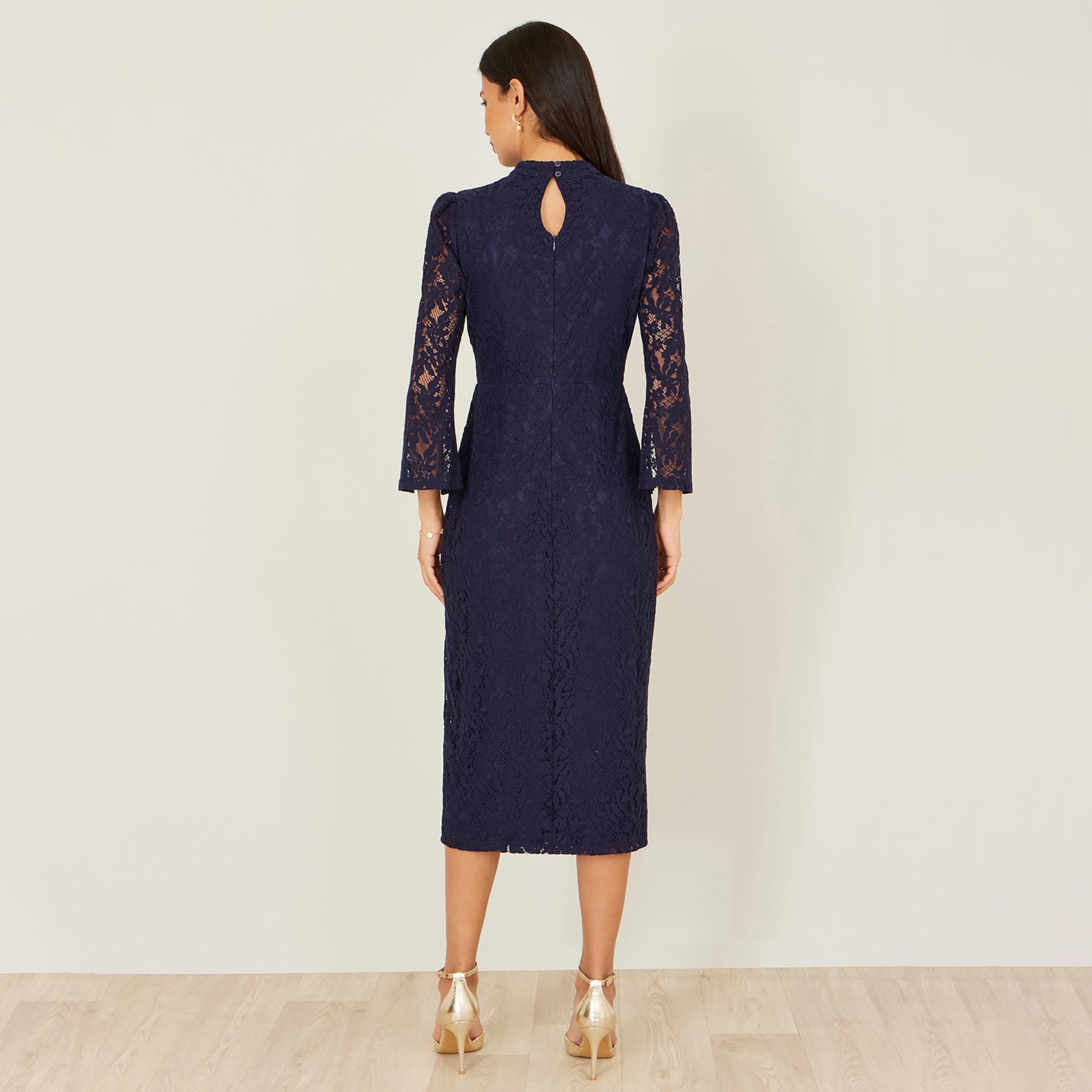 Yumi Navy Floral Lace Mock Neck Cape sleeves Sheath Evening Women's Midi Dress-women-clothing-dresses-image-3