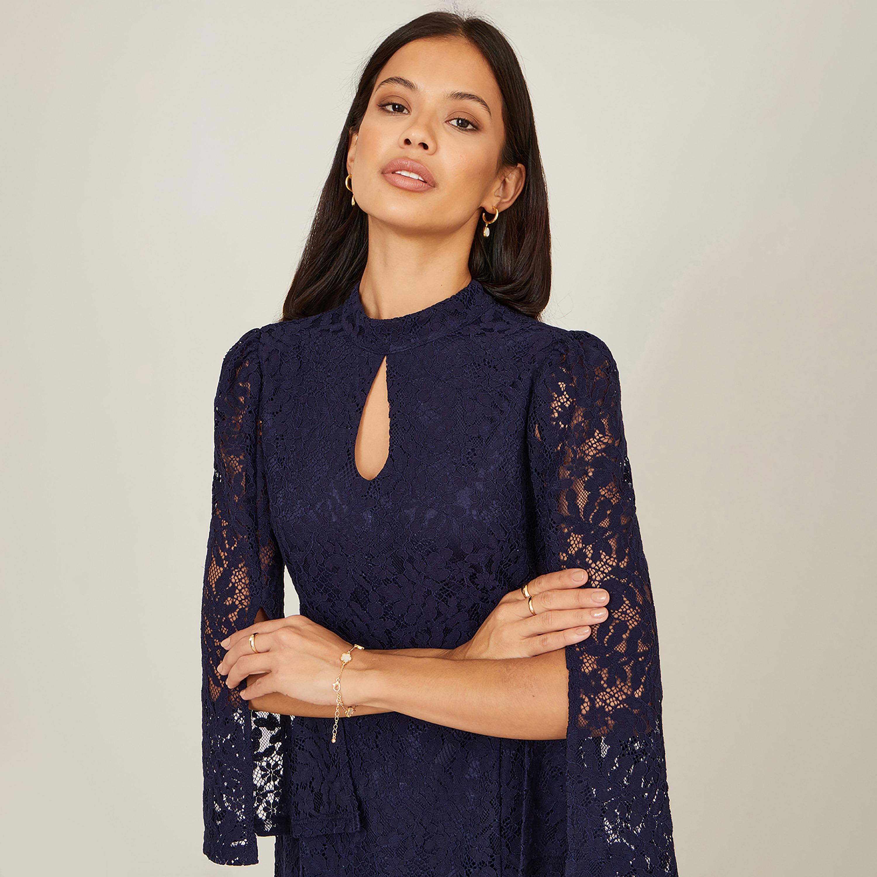 فستان ميدي سهرة قصة "شيث" بياقة "موك نيك" وأكمام "كيب" من الدانتيل الكحلي من يومي-women-clothing-dresses-image-4