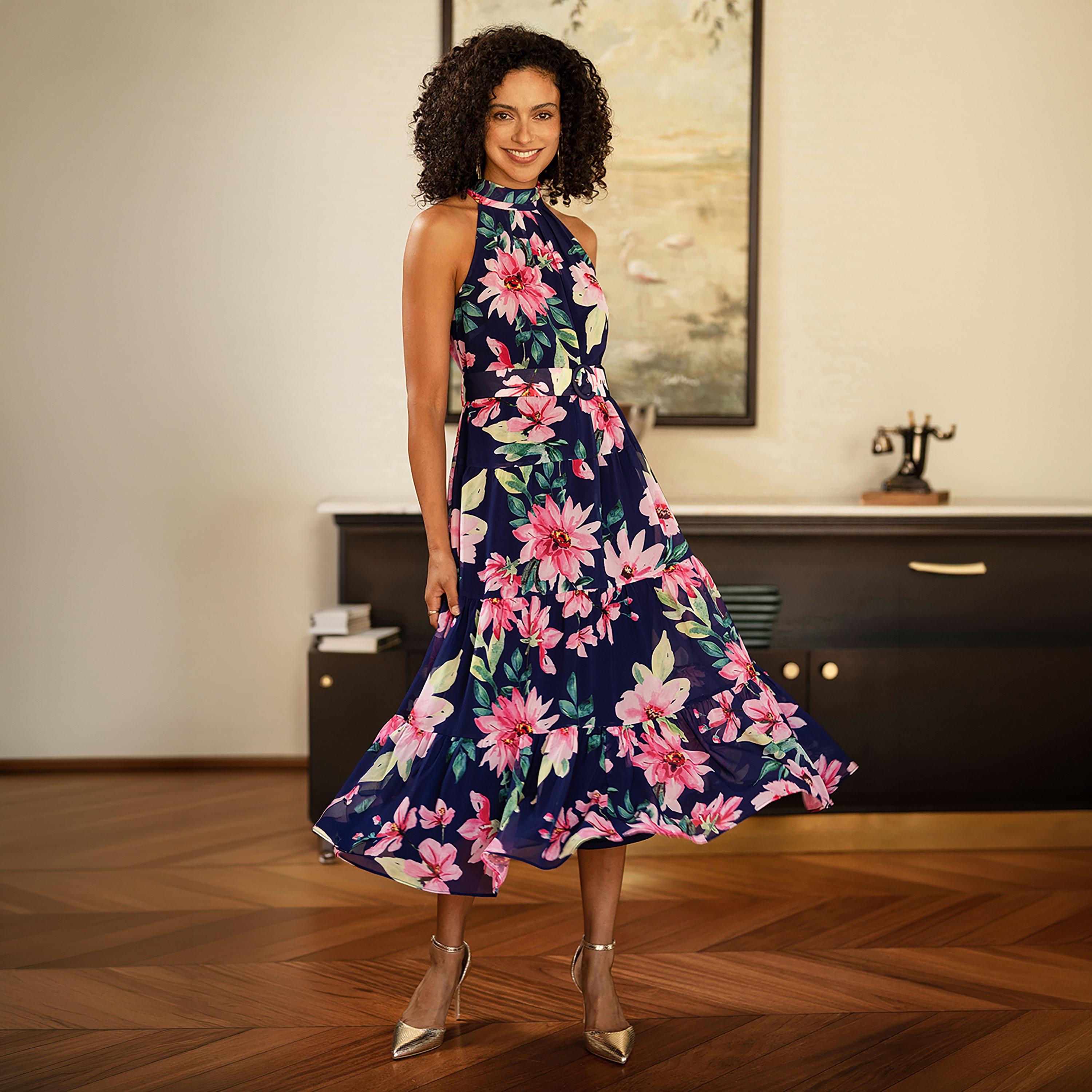 فستان ميدي "تيرد" بياقة "هالتر" وتصميم مطبوع بنقشة الزهور من يومي-women-clothing-dresses-image-5