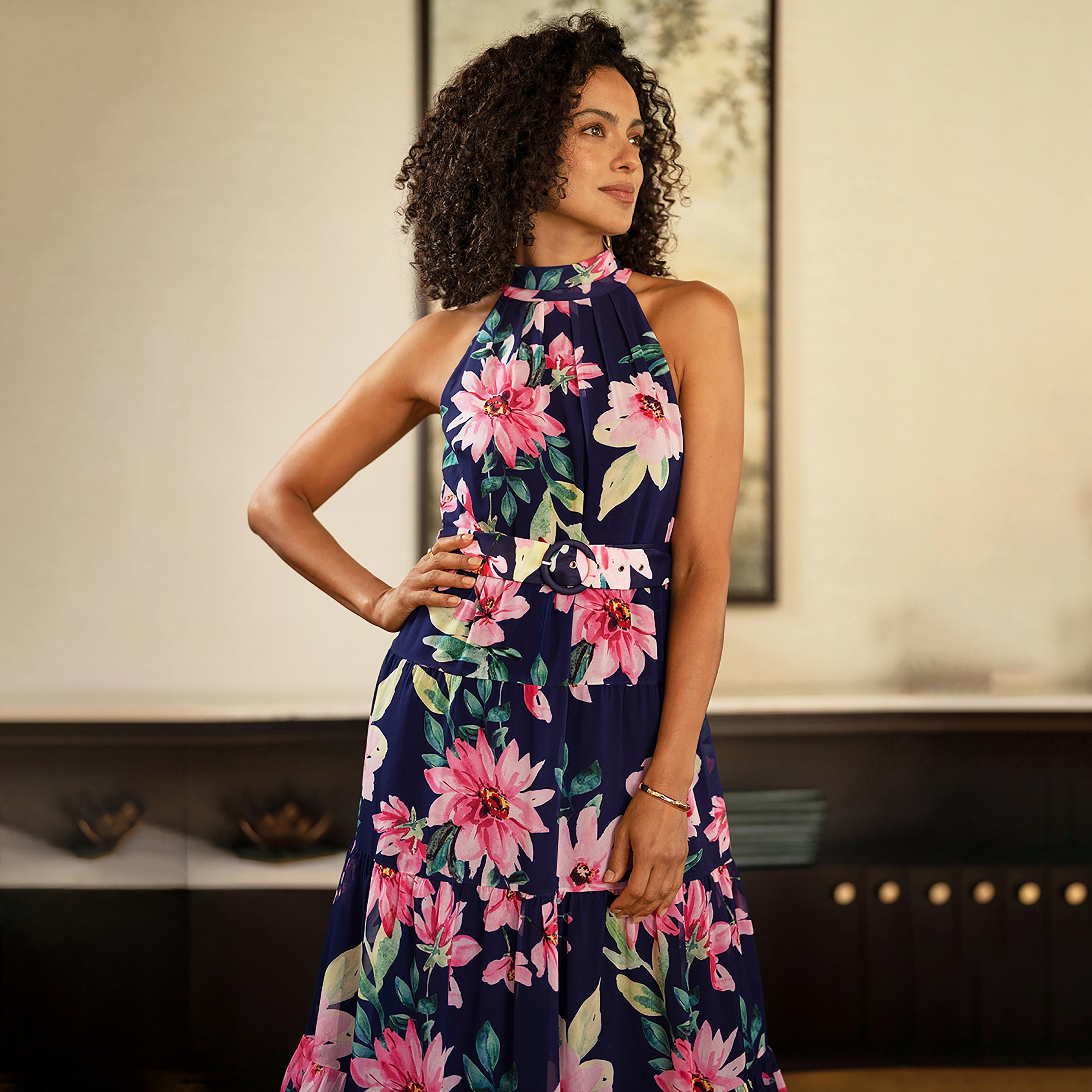 فستان ميدي "تيرد" بياقة "هالتر" وتصميم مطبوع بنقشة الزهور من يومي-women-clothing-dresses-image-6