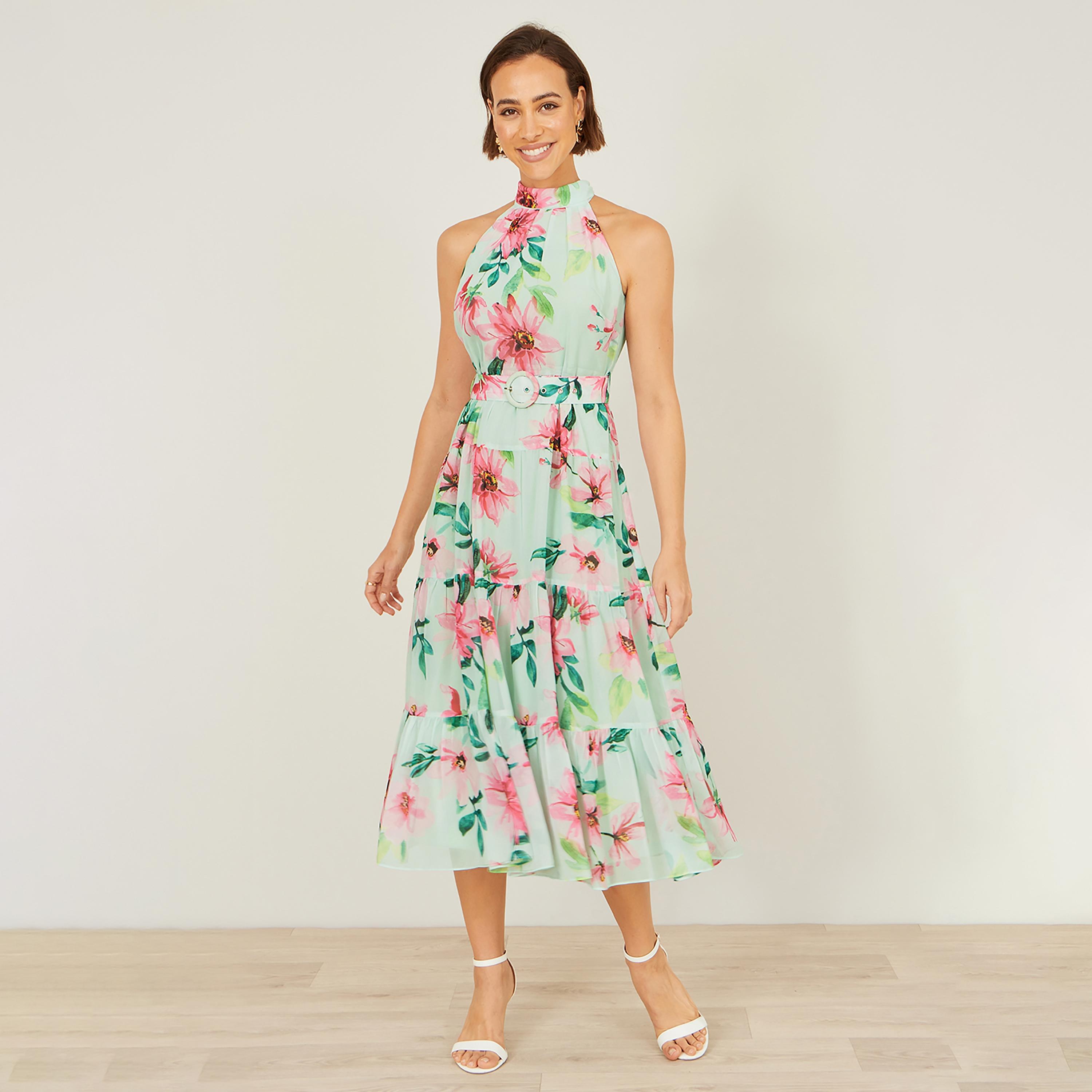 فستان ميدي "تيرد" بياقة "هالتر" وتصميم مطبوع بنقشة الزهور من يومي-women-clothing-dresses-image-1
