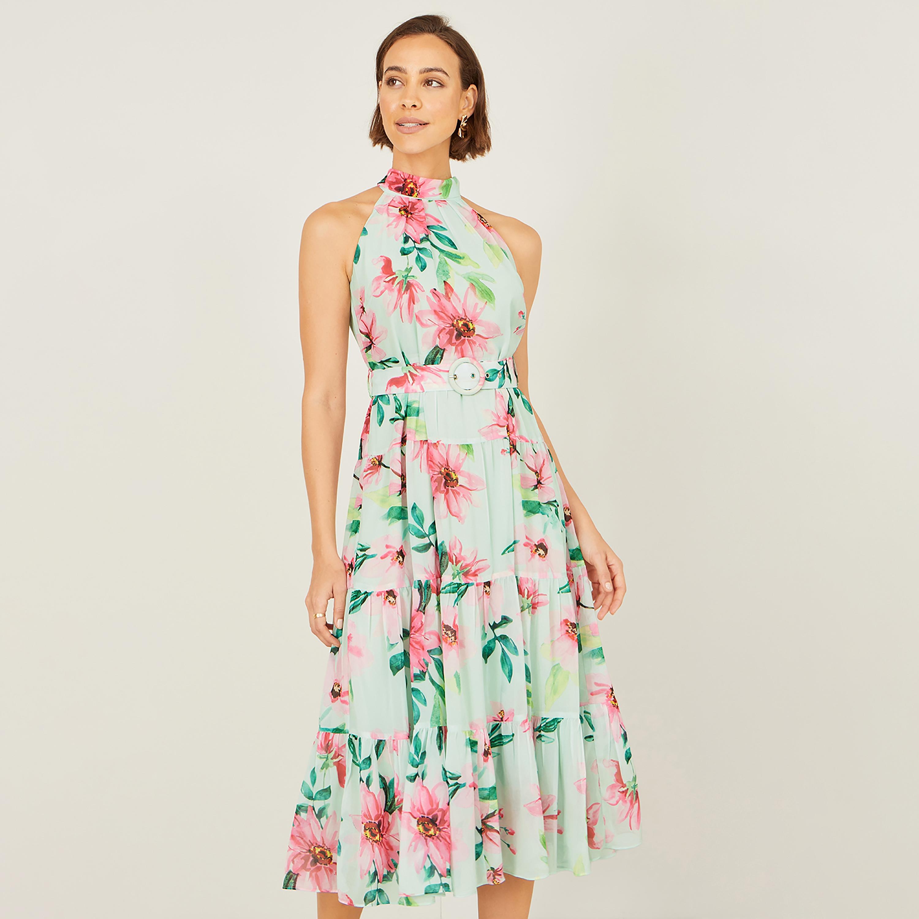 فستان ميدي "تيرد" بياقة "هالتر" وتصميم مطبوع بنقشة الزهور من يومي-women-clothing-dresses-image-2