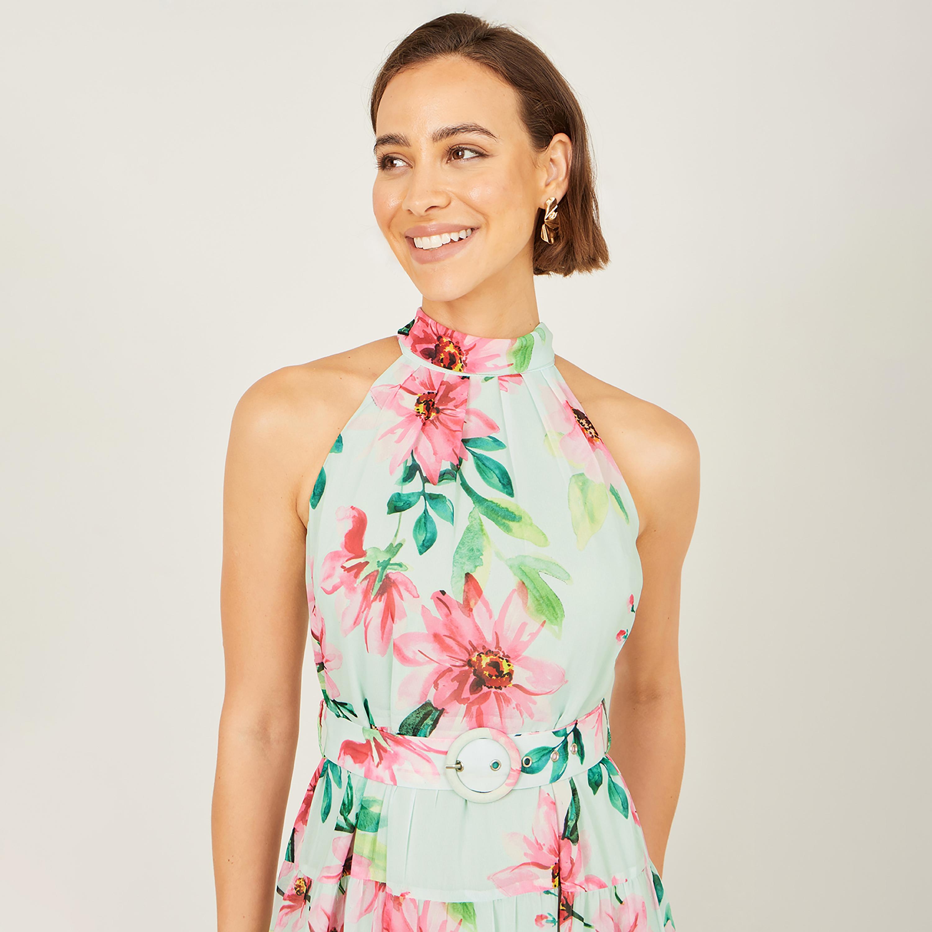 فستان ميدي "تيرد" بياقة "هالتر" وتصميم مطبوع بنقشة الزهور من يومي-women-clothing-dresses-image-4