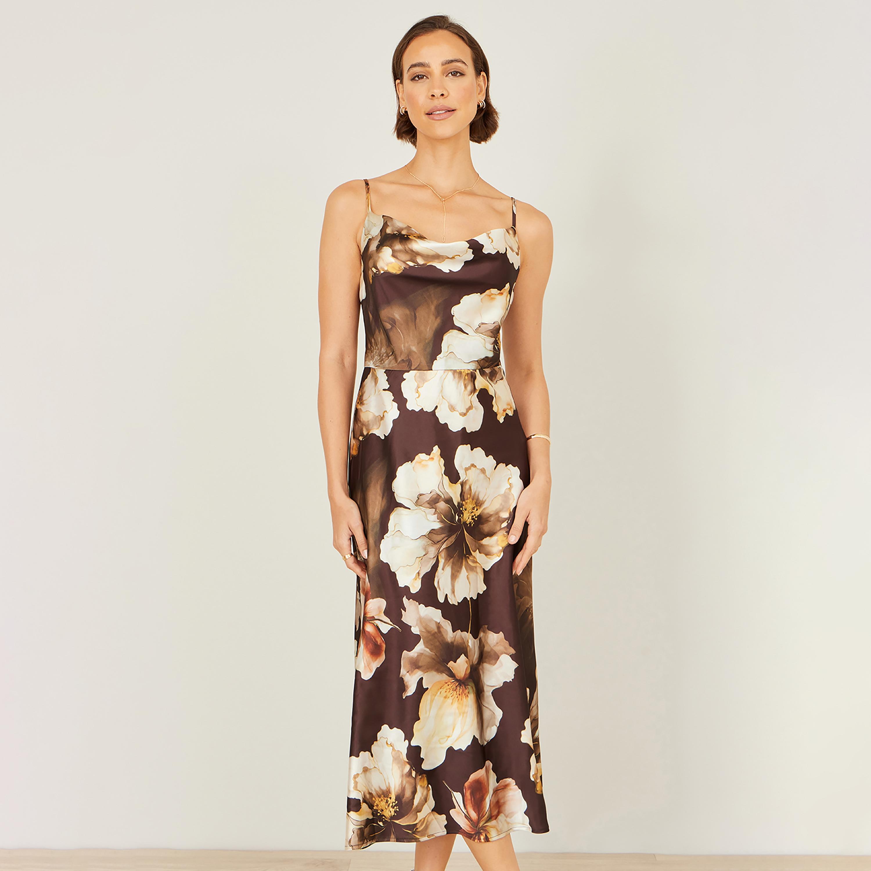فستان ميدي ساتان بياقة "كاول" منسدلة وطبعة زهور بنية من يومي-women-clothing-dresses-image-2