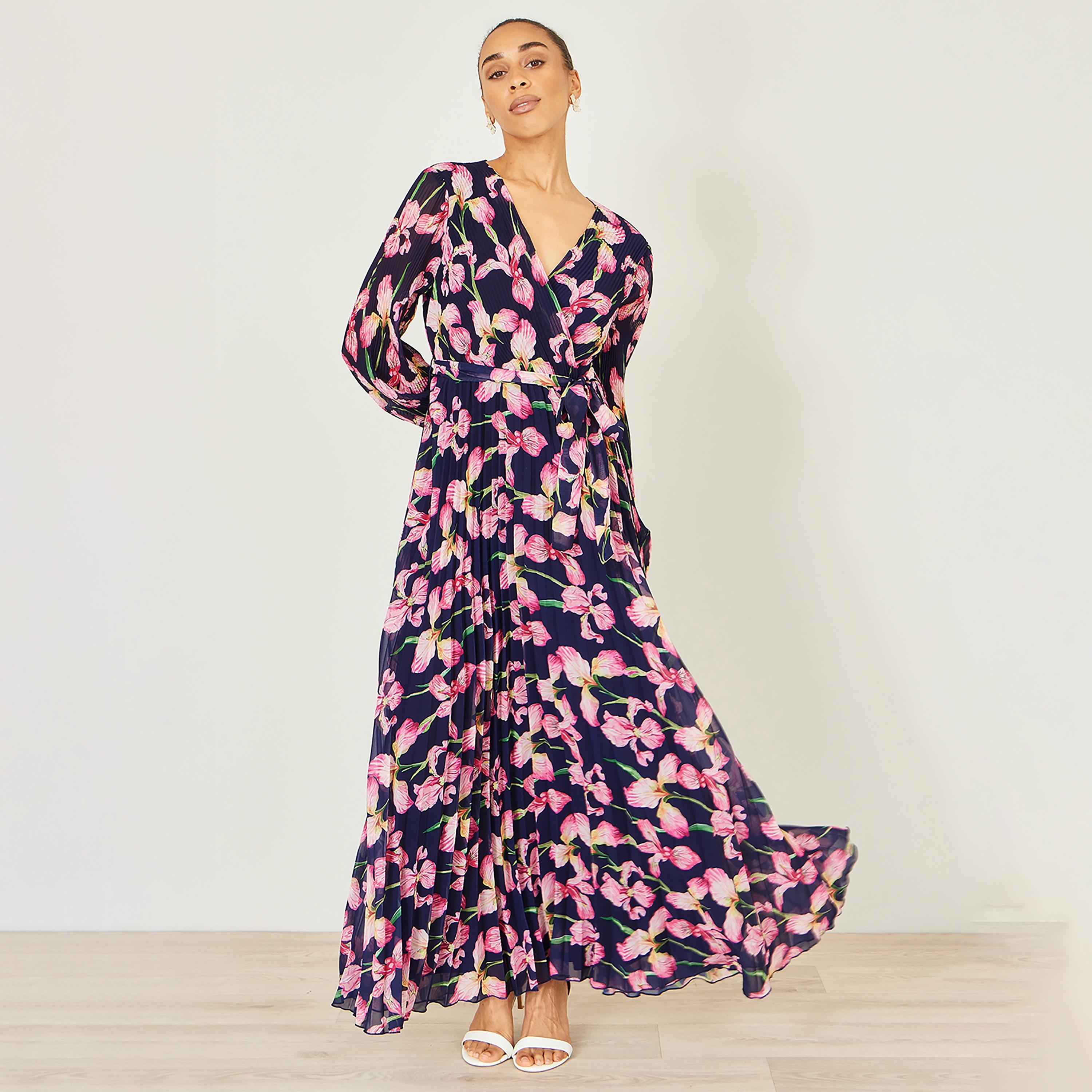 فستان ماكسي بتصميم "لف" بفتحة رقبة "سوربليس" وتصميم "بلاتيد" مع طبعة زهور من يومي-women-clothing-dresses-image-1