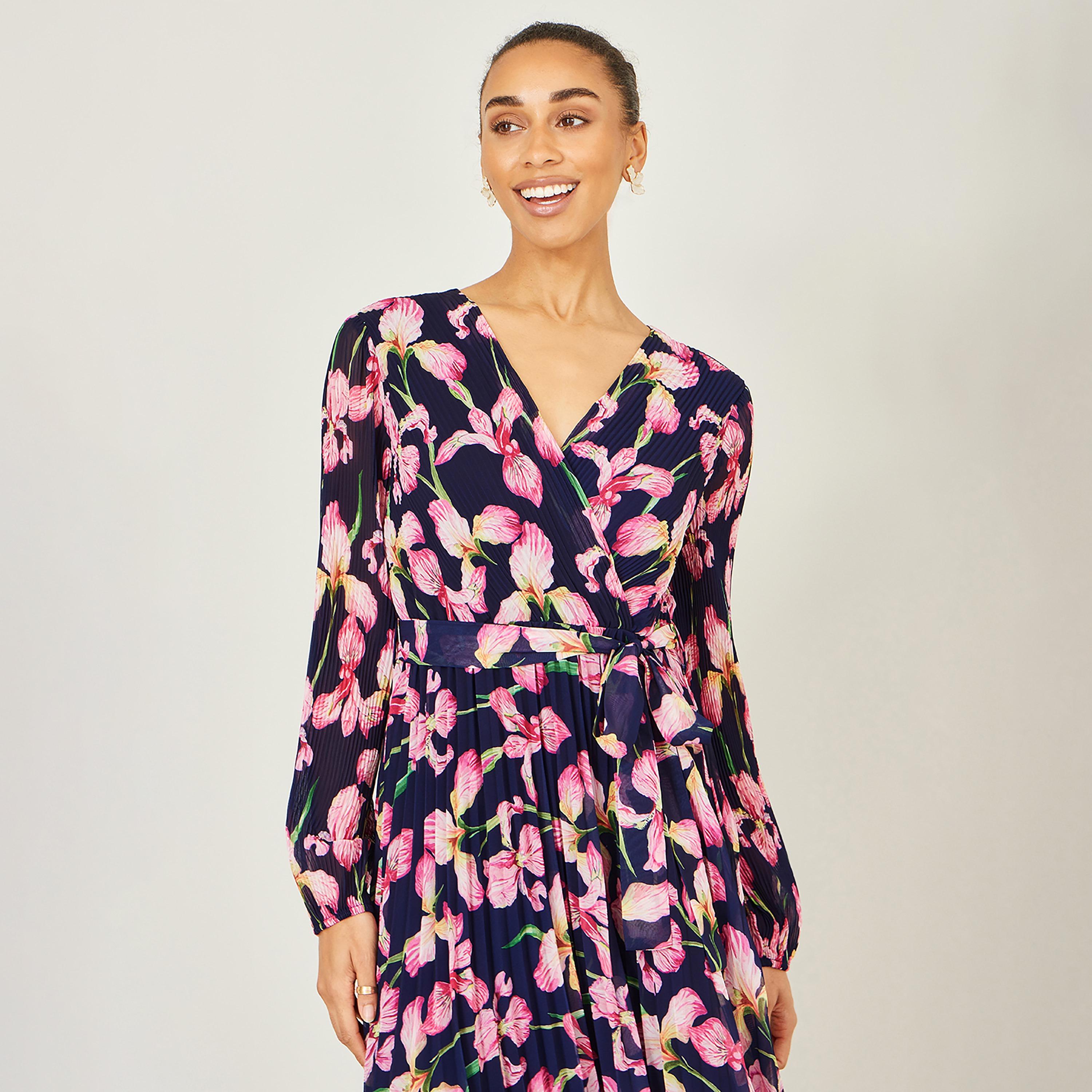 فستان ماكسي بتصميم "لف" بفتحة رقبة "سوربليس" وتصميم "بلاتيد" مع طبعة زهور من يومي-women-clothing-dresses-image-4