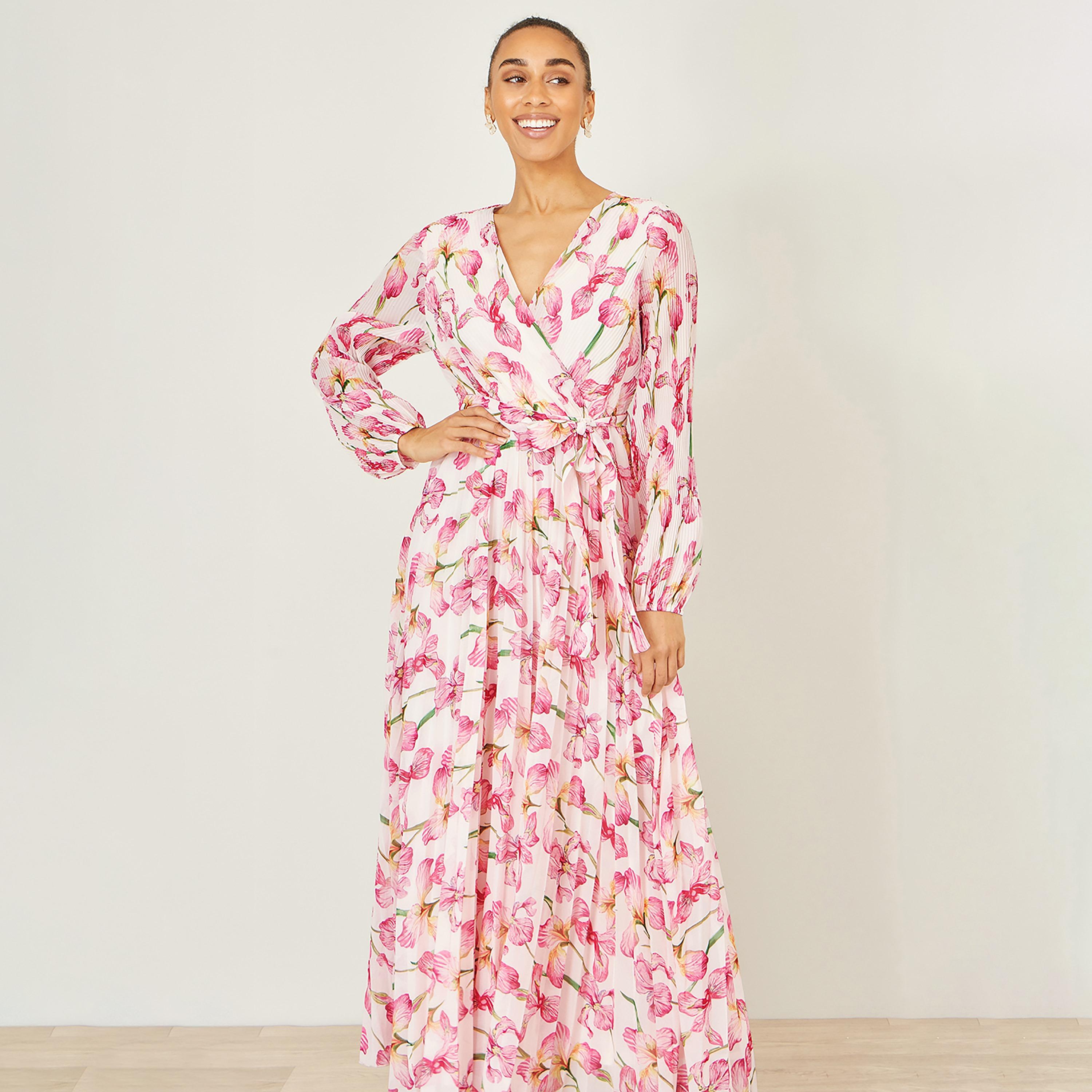 فستان ماكسي بتصميم "لف" بفتحة رقبة "سوربليس" وتصميم "بلاتيد" مع طبعة زهور من يومي-women-clothing-dresses-image-6
