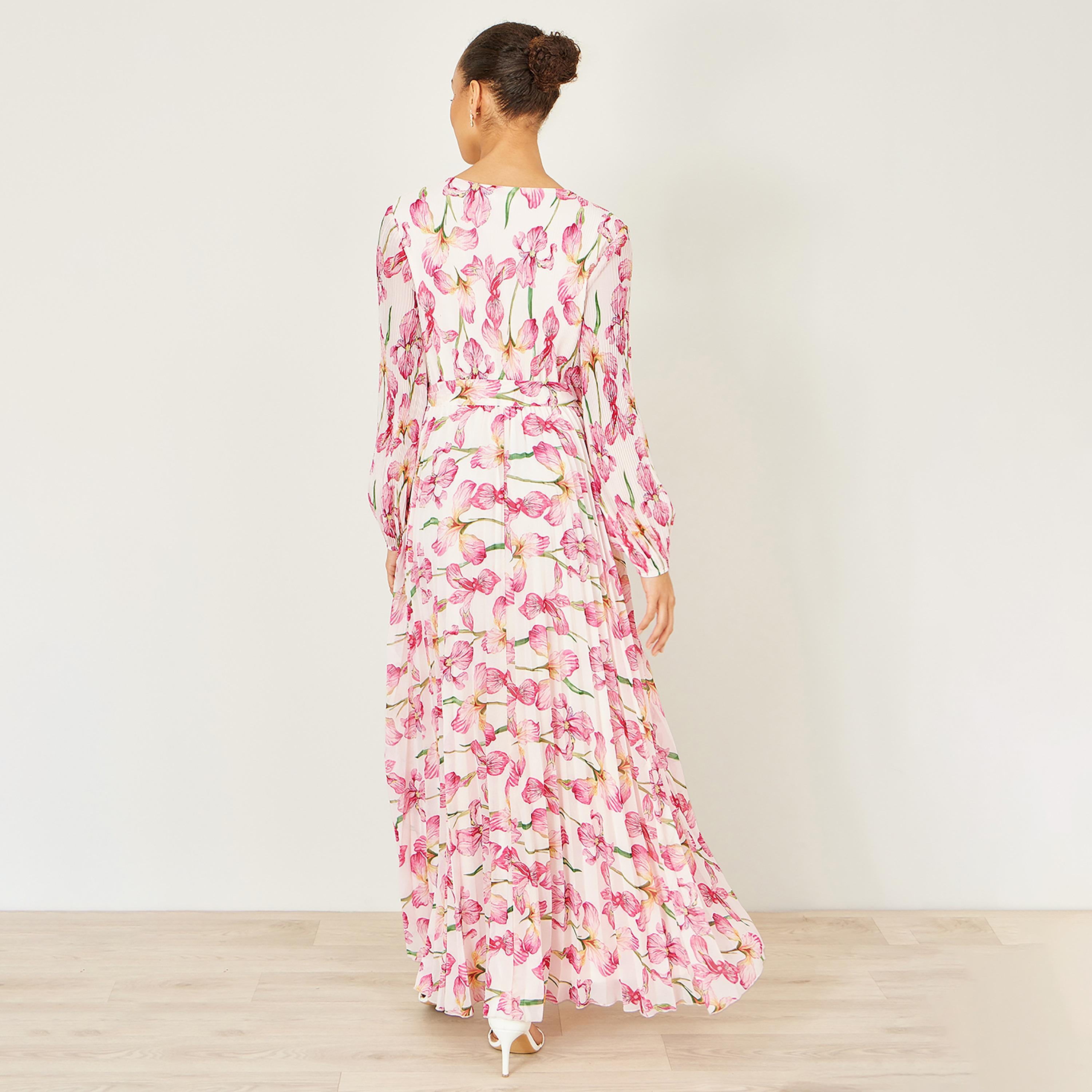 فستان ماكسي بتصميم "لف" بفتحة رقبة "سوربليس" وتصميم "بلاتيد" مع طبعة زهور من يومي-women-clothing-dresses-image-7