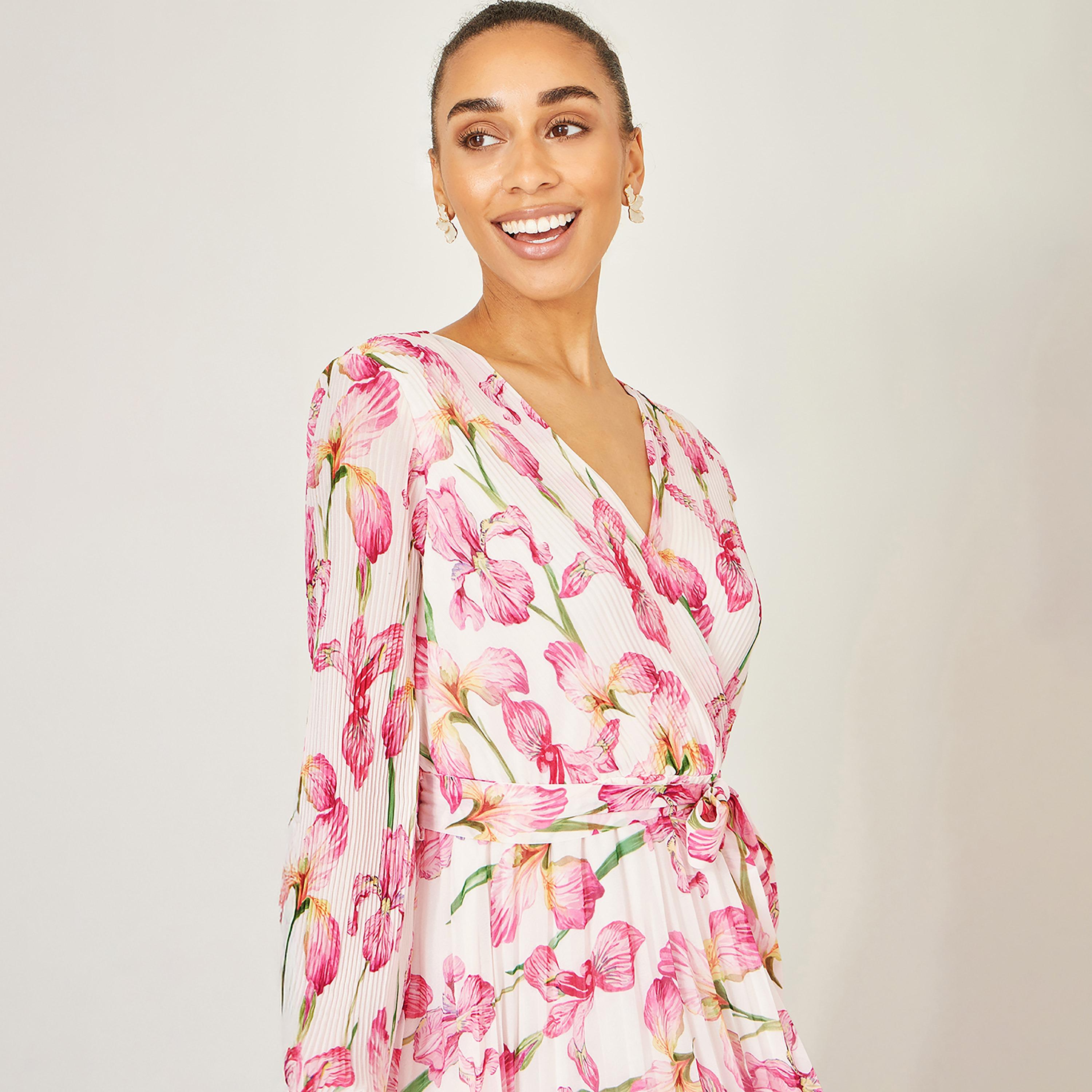 فستان ماكسي بتصميم "لف" بفتحة رقبة "سوربليس" وتصميم "بلاتيد" مع طبعة زهور من يومي-women-clothing-dresses-image-8