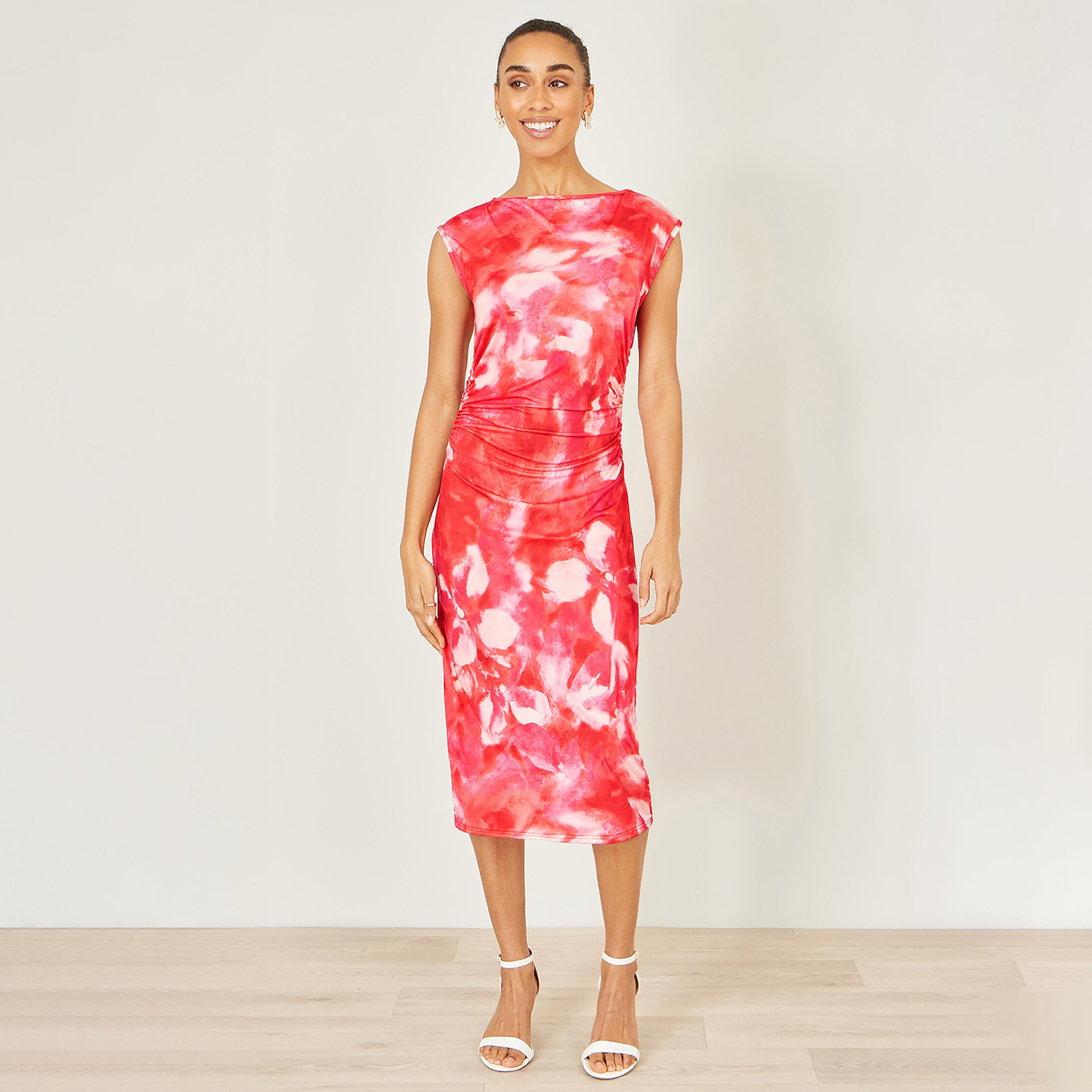 Yumi Red Abstract Print Mesh Cap Sleeves Sheath Women's Midi Dress-women-clothing-dresses-image-1