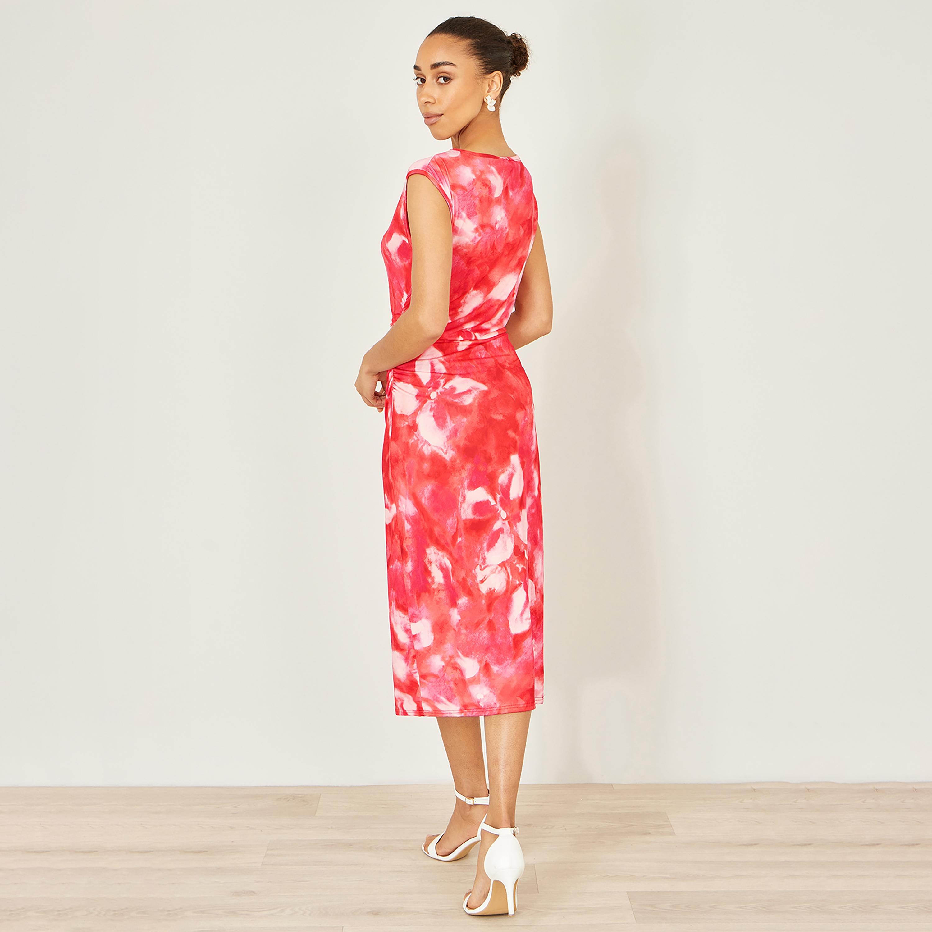 فستان ميدي قصة "شيث" وأكمام "كاب" من قماش "ميش" بطبعة تجريدية حمراء من يومي-women-clothing-dresses-image-3