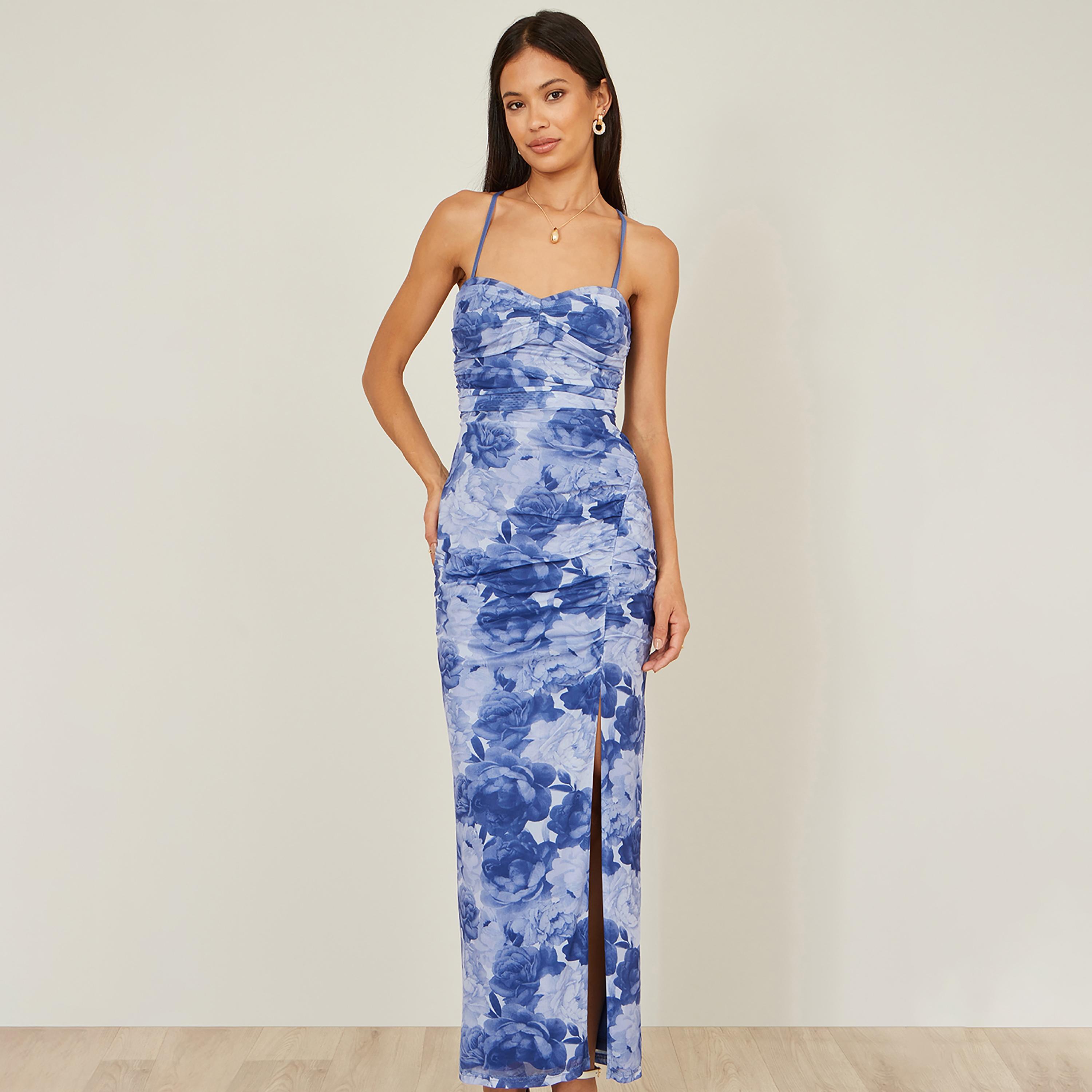 Yumi Blue Ruched Floral Print Mesh Shoulder Straps Slit Bodycon Evening Women's Maxi Dress-women-clothing-dresses-image-1