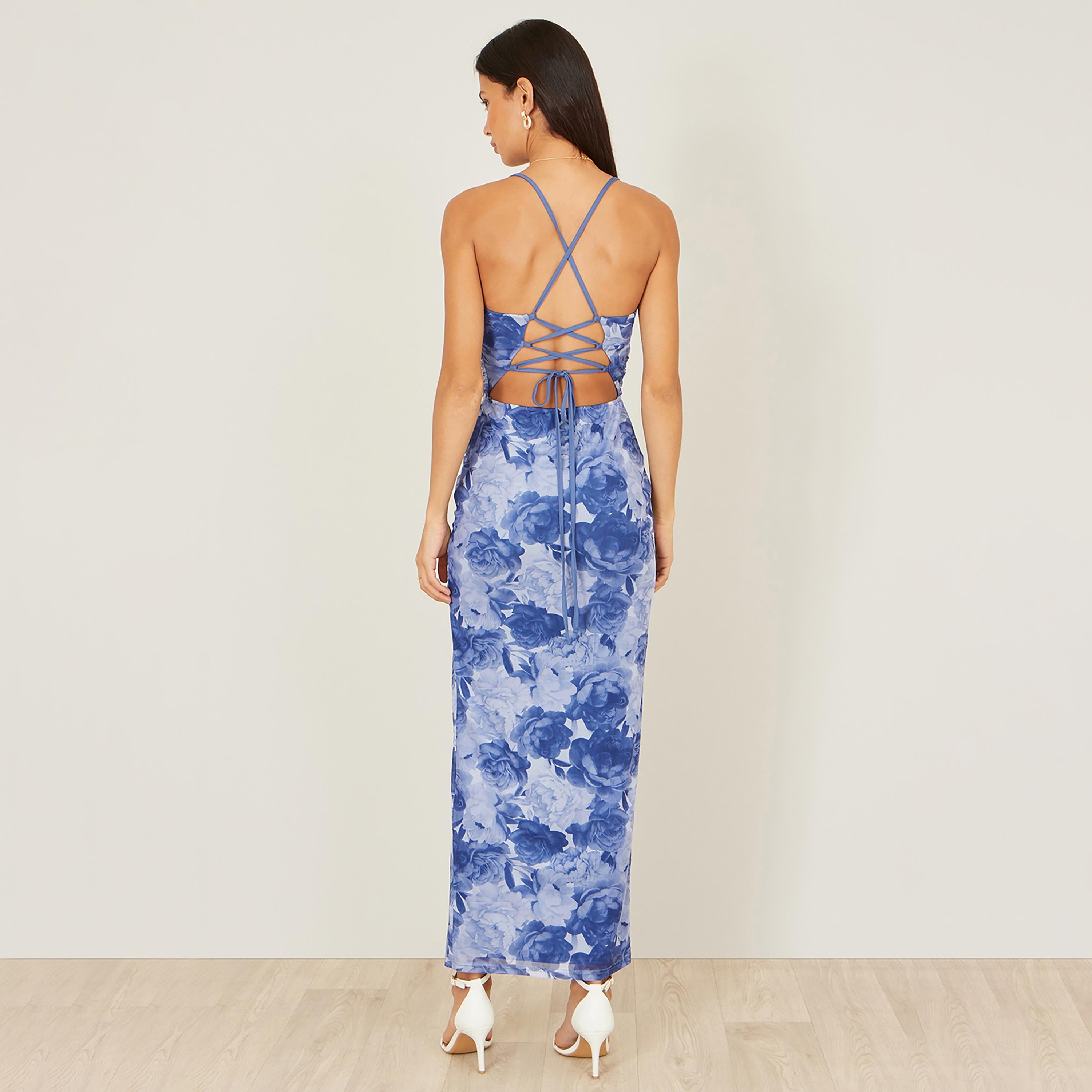 Yumi Blue Ruched Floral Print Mesh Shoulder Straps Slit Bodycon Evening Women's Maxi Dress-women-clothing-dresses-image-3