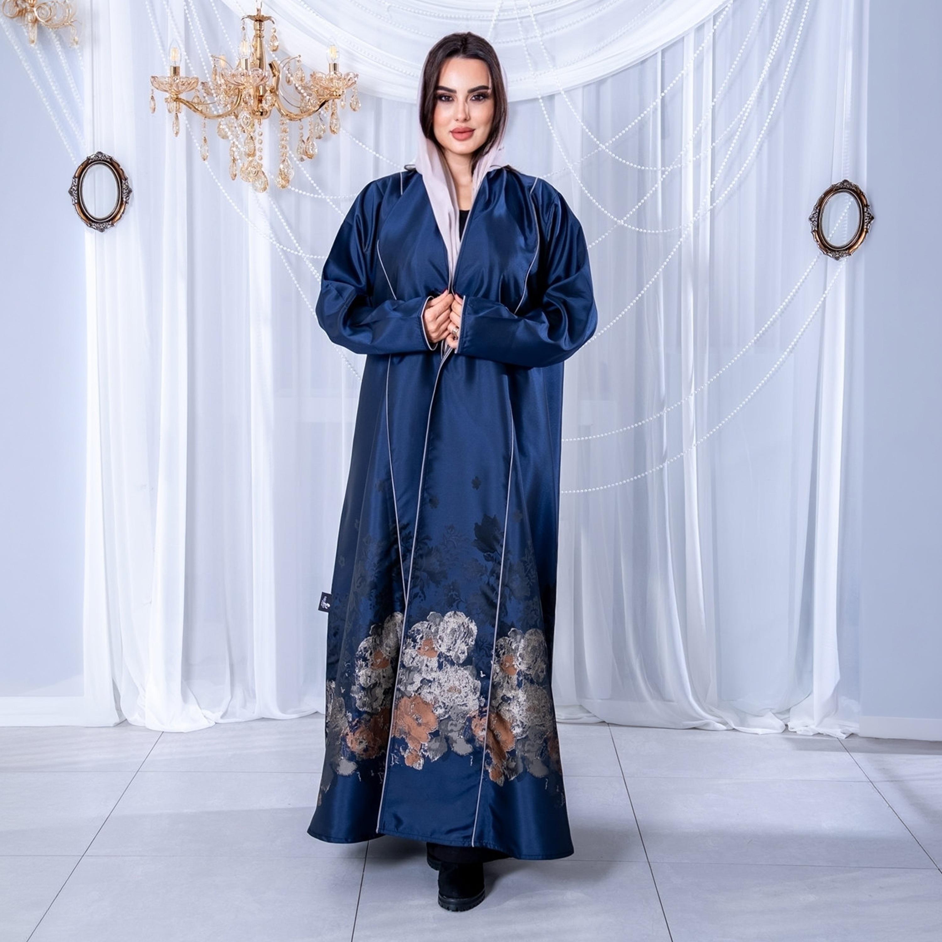 Elegant Hijab Blue Floral Print Crepe Women's Half Cloche Abaya with Hijab-women-arabicclothing-abayas-image-1