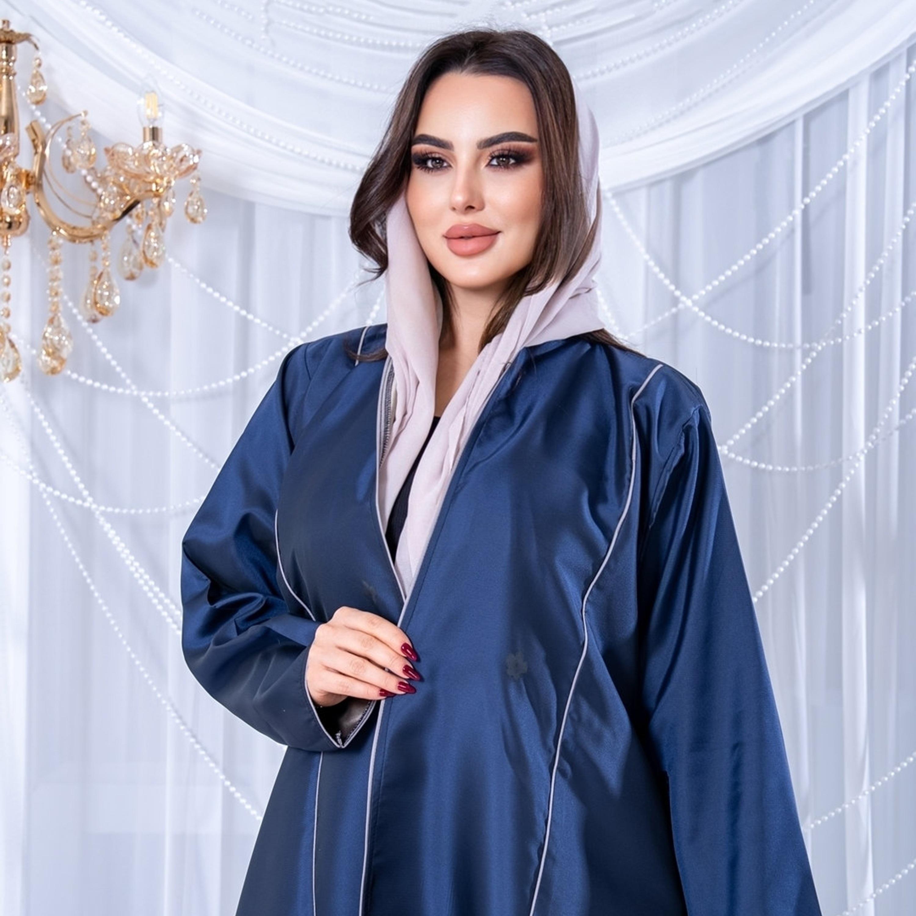 Elegant Hijab Blue Floral Print Crepe Women's Half Cloche Abaya with Hijab-women-arabicclothing-abayas-image-2