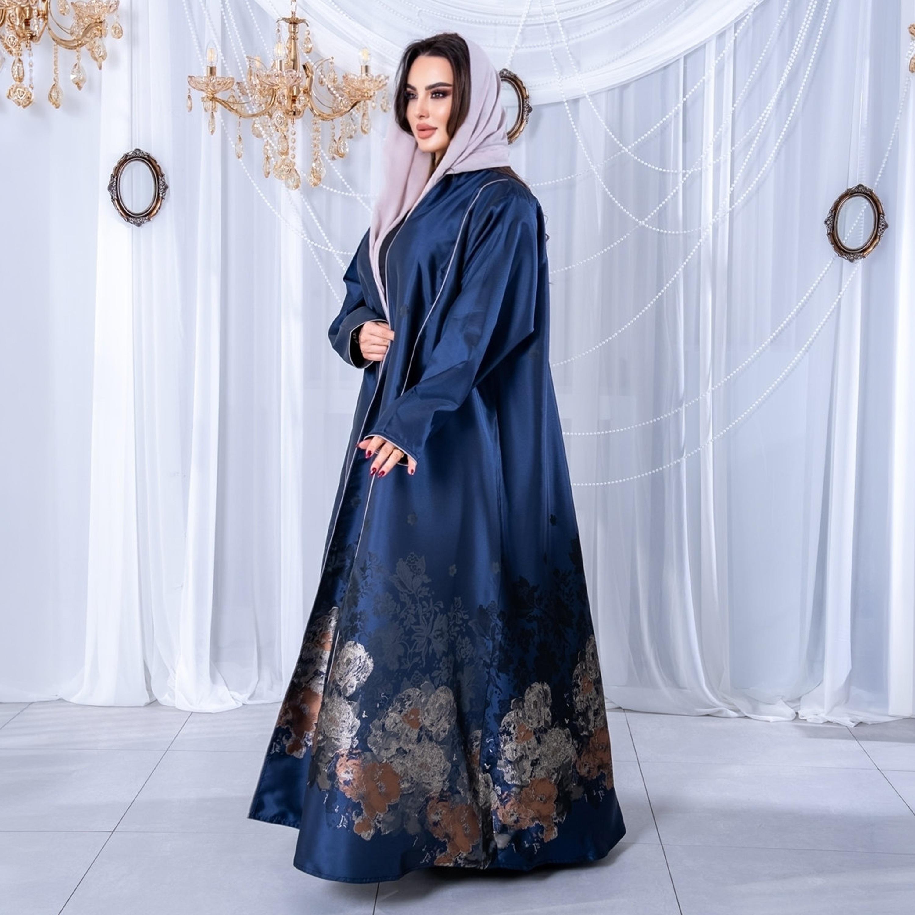 Elegant Hijab Blue Floral Print Crepe Women's Half Cloche Abaya with Hijab-women-arabicclothing-abayas-image-4