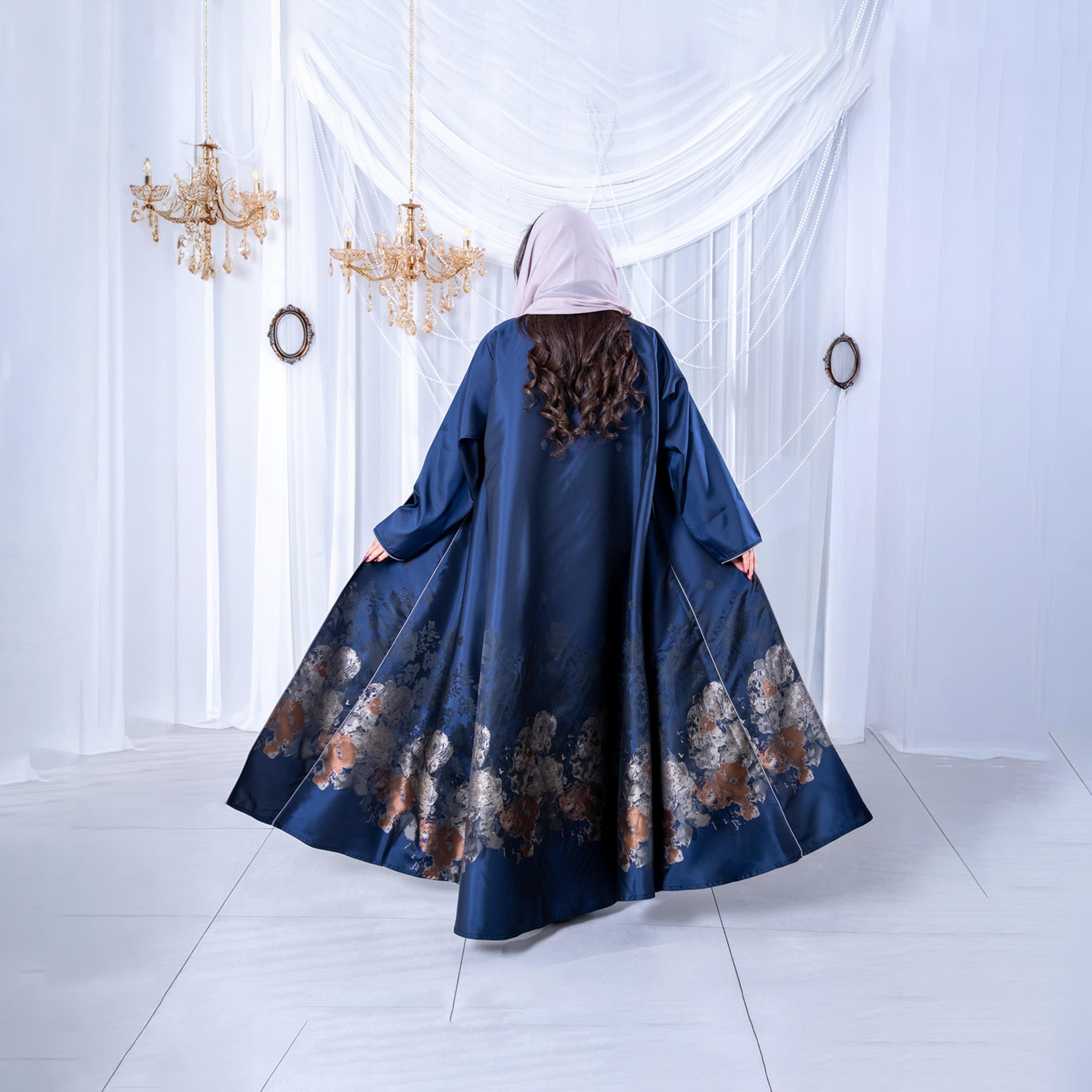 Elegant Hijab Blue Floral Print Crepe Women's Half Cloche Abaya with Hijab-women-arabicclothing-abayas-image-5