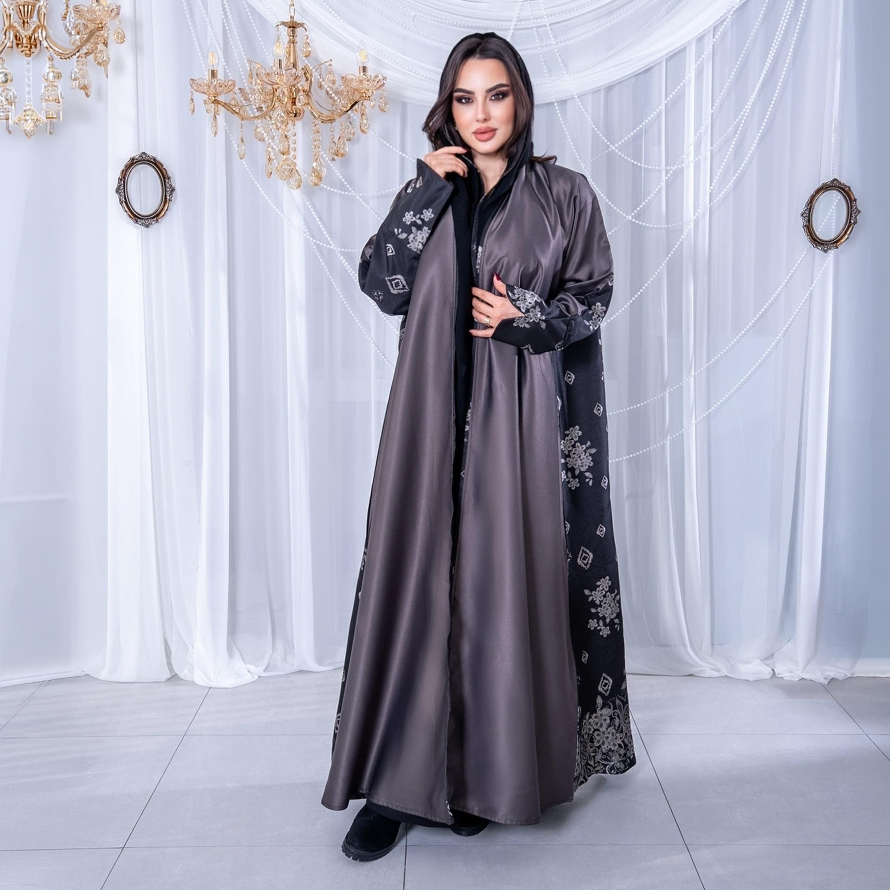 Elegant Hijab Multicolor Geometric Jacquard Crepe Women's Half Cloche Abaya with Hijab-women-arabicclothing-abayas-image-1