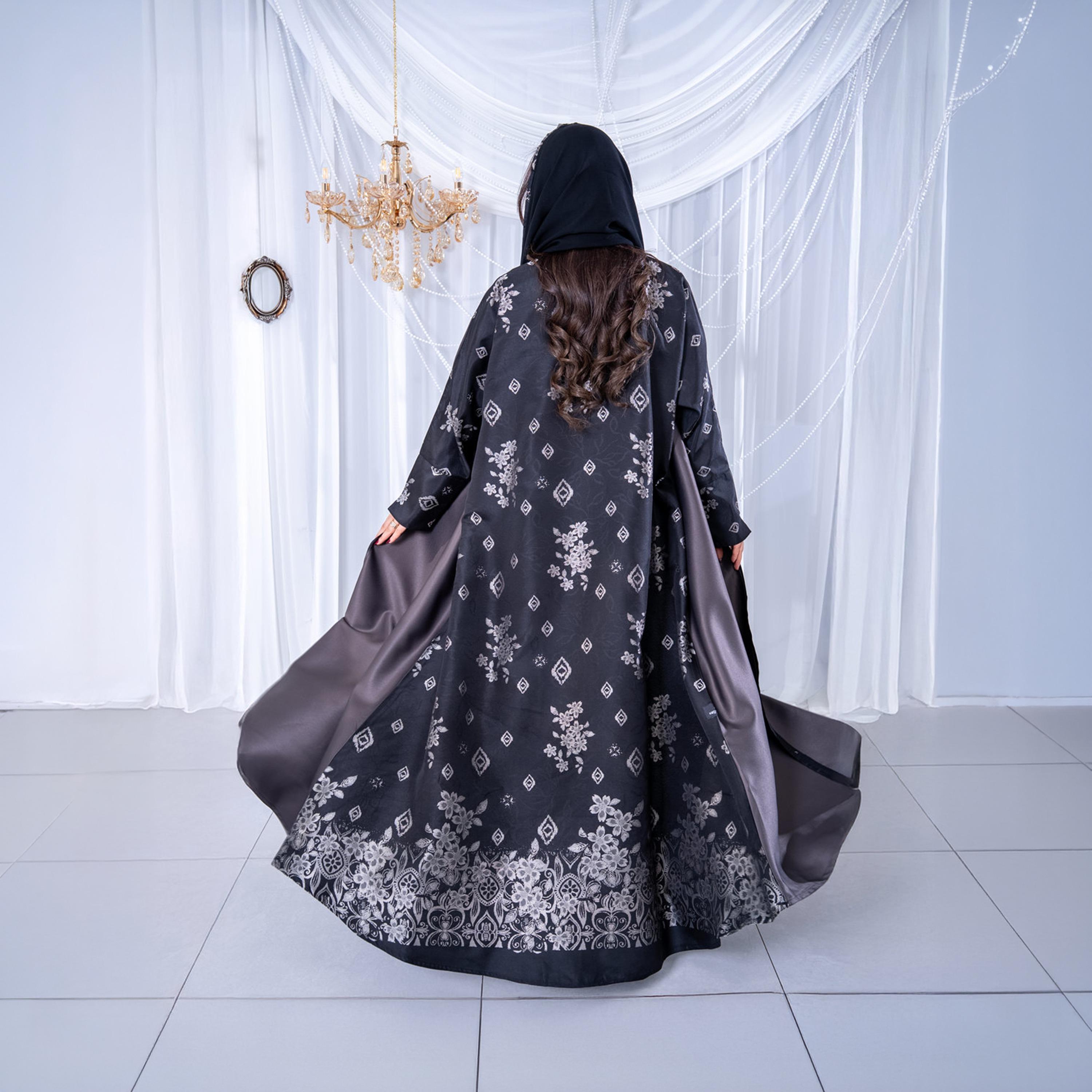 Elegant Hijab Multicolor Geometric Jacquard Crepe Women's Half Cloche Abaya with Hijab-women-arabicclothing-abayas-image-5