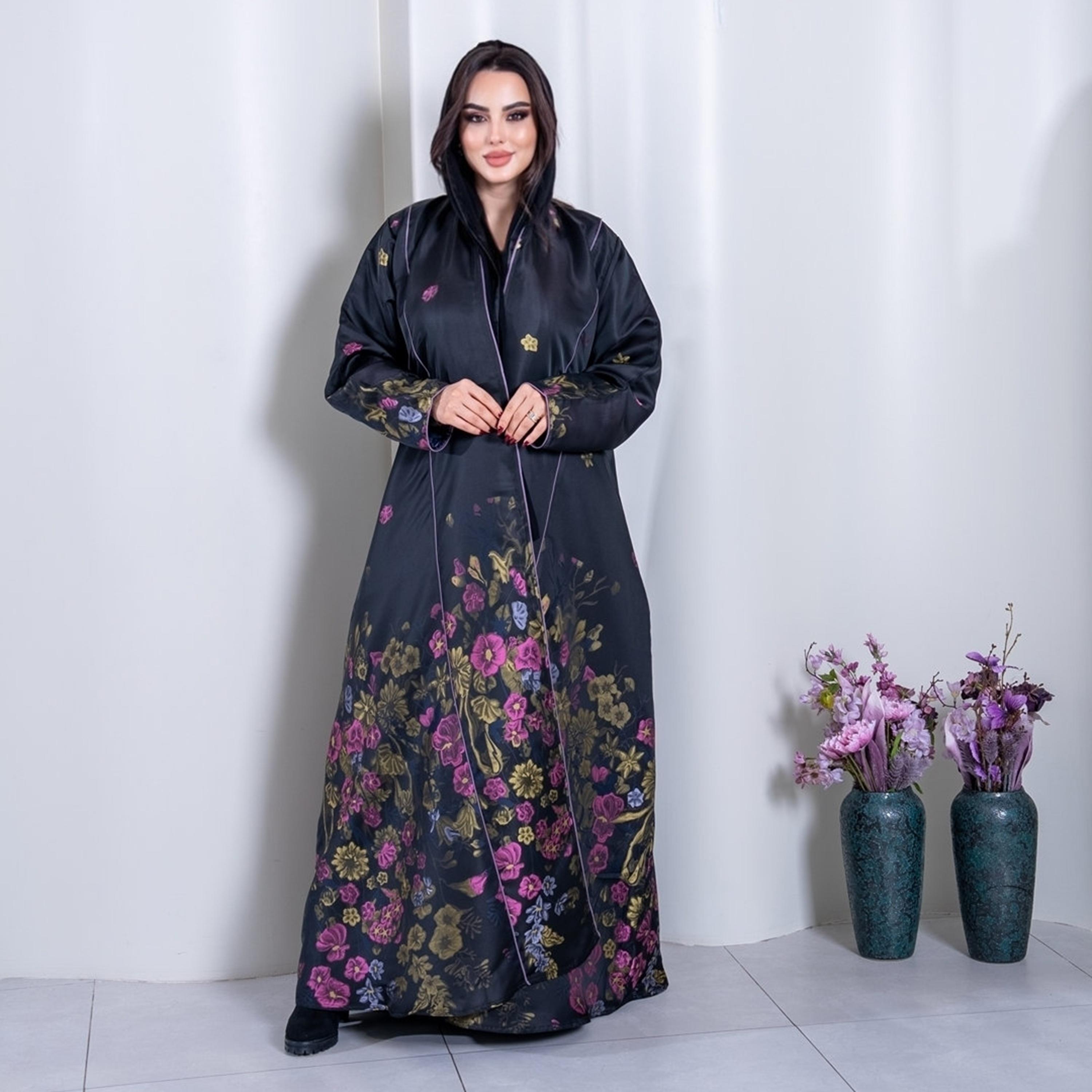 عباية نسائية "نصف كلوش" بطبعة زهور قماش كريب - متعددة الألوان من إيليجنت حجاب-women-arabicclothing-abayas-image-1