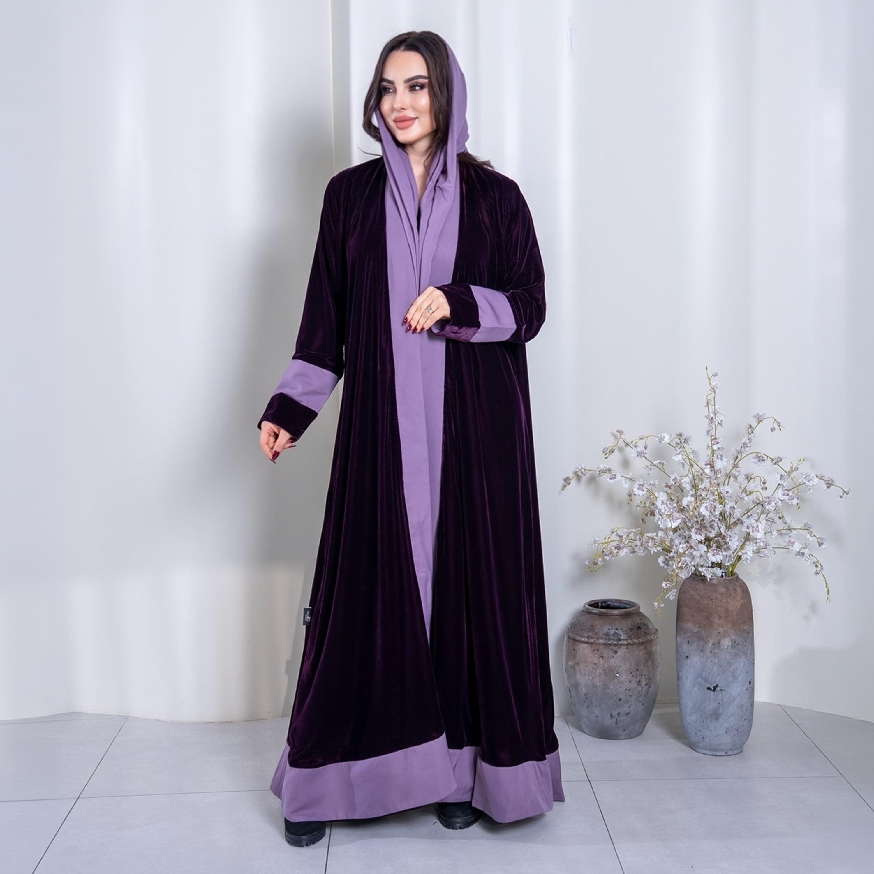 Elegant Hijab Purple Colour-Blocked Velvet Women's Evening Half Cloche Abaya with Hijab-women-arabicclothing-abayas-image-1