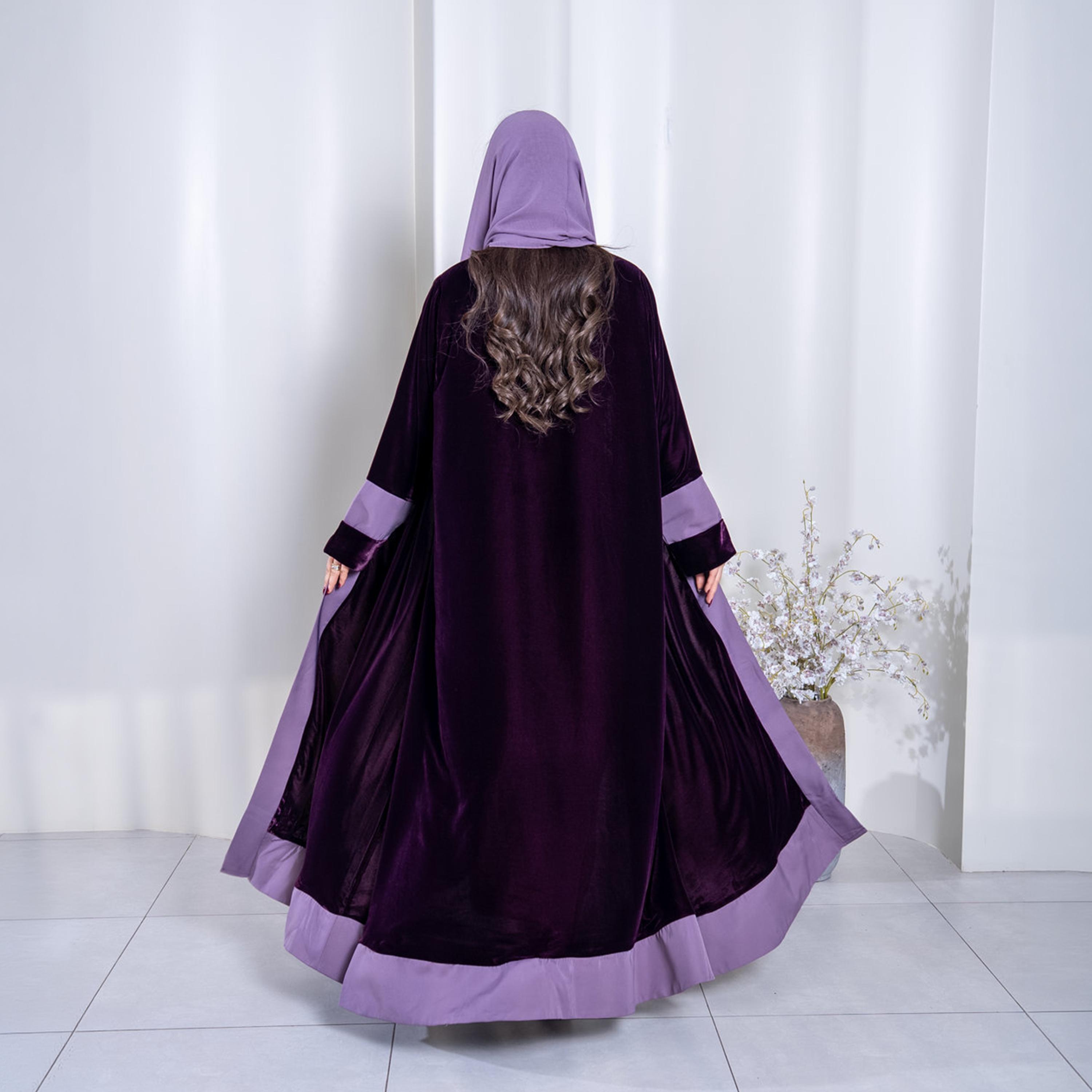 Elegant Hijab Purple Colour-Blocked Velvet Women's Evening Half Cloche Abaya with Hijab-women-arabicclothing-abayas-image-4